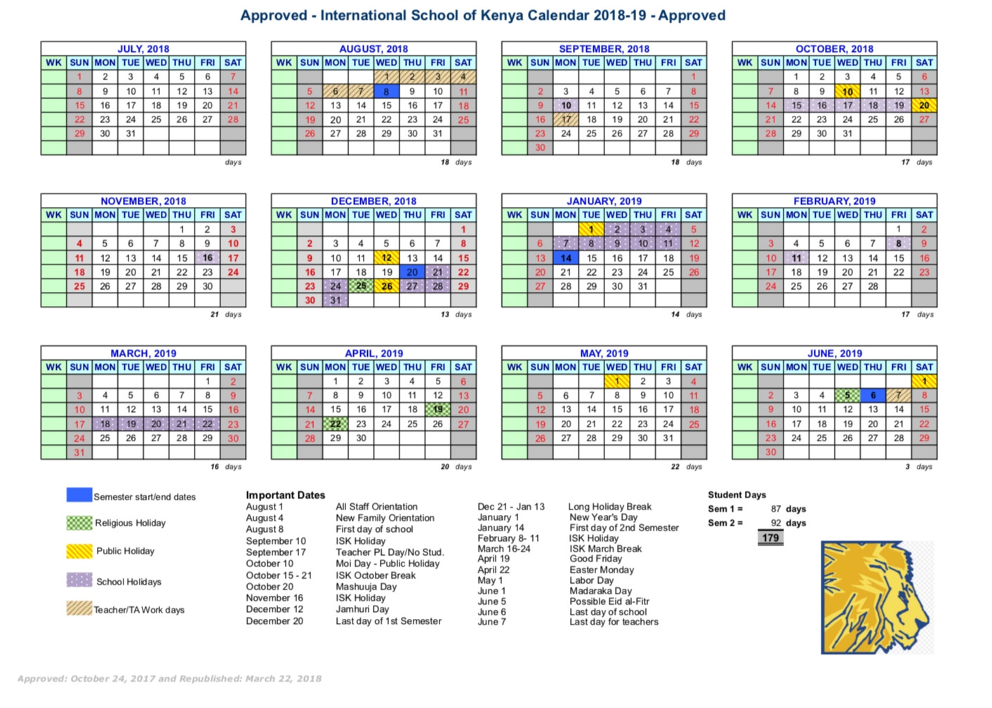 School Calendar - International School Of Kenya Calendar Holidays In Kenya