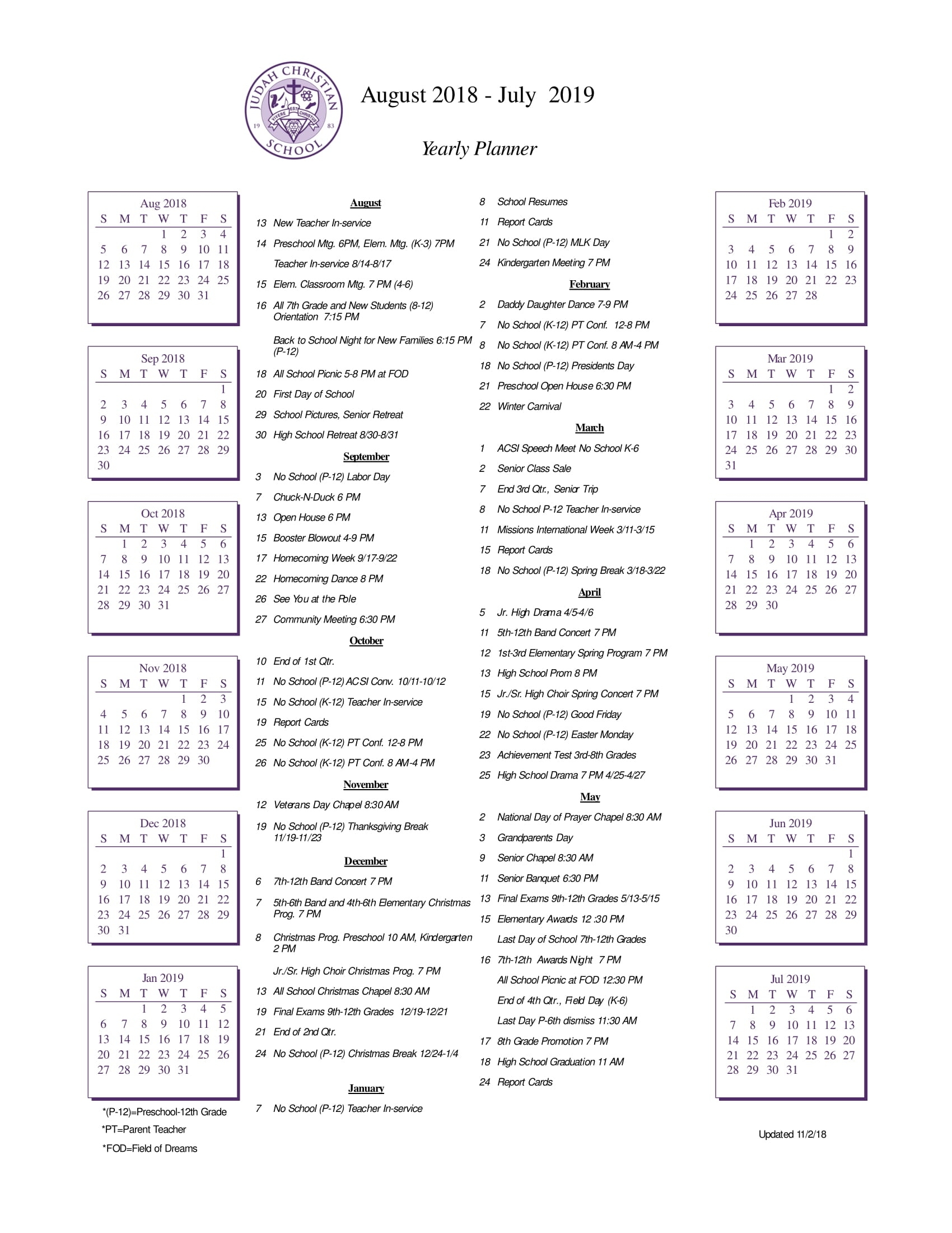School Calendar - Judah Christian School Perky K International School Calendar