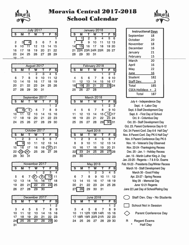 School Calendar | Moravia School District Perky Boces 2 School Calendar