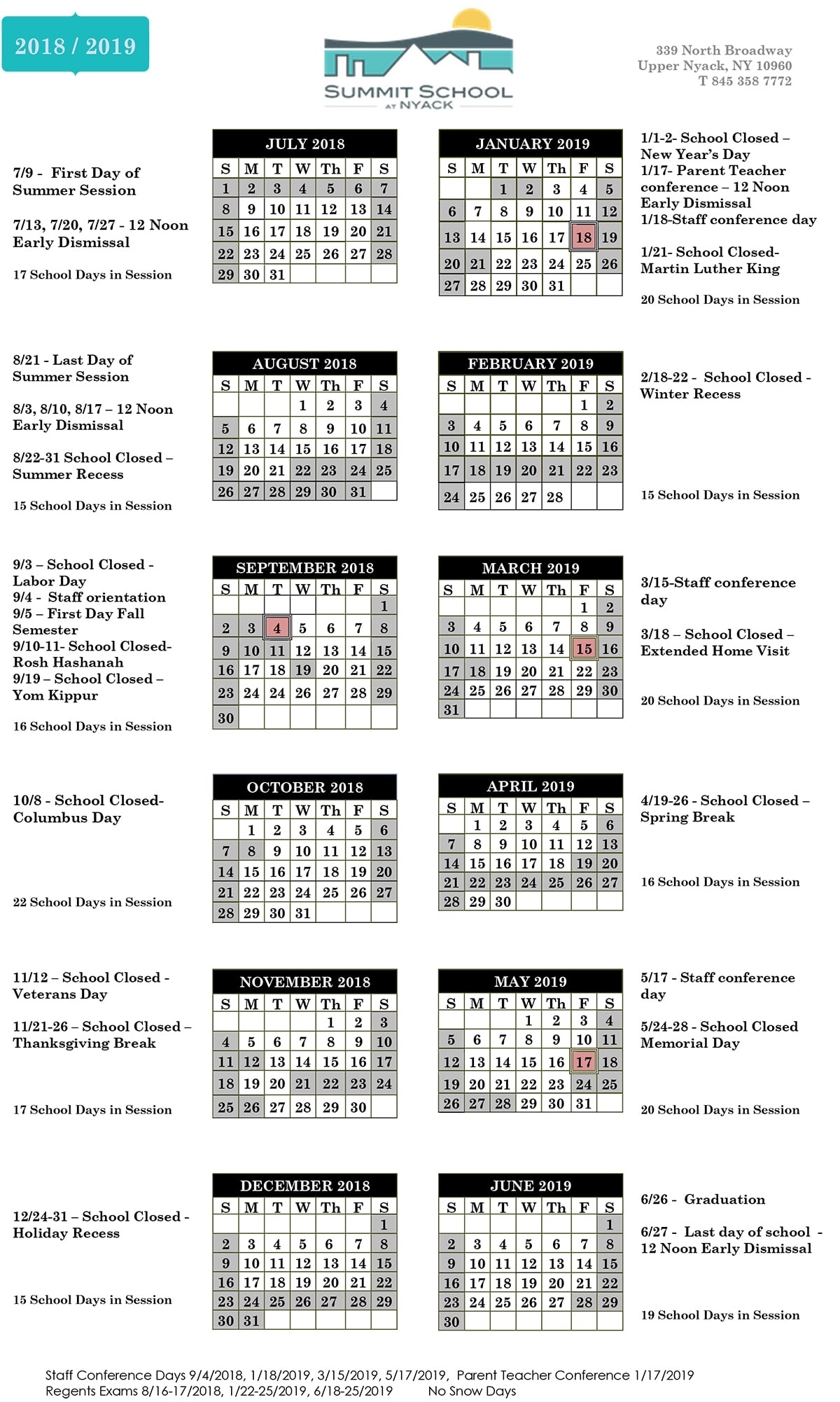 School Calendar - Summit School At Nyack Perky Boces 2 School Calendar