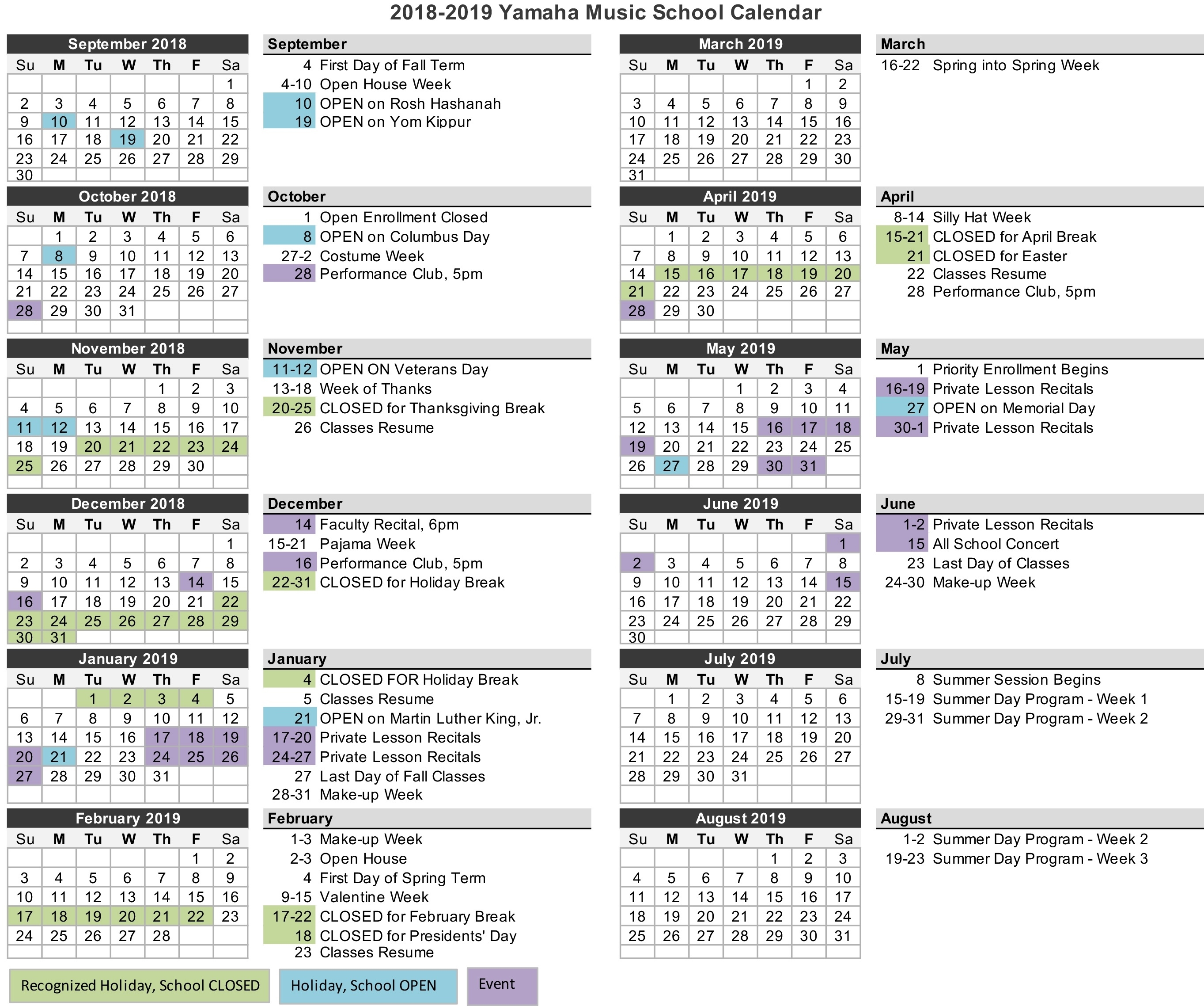 School Calendar | Yamaha Music School Exceptional 9 Week School Calendar