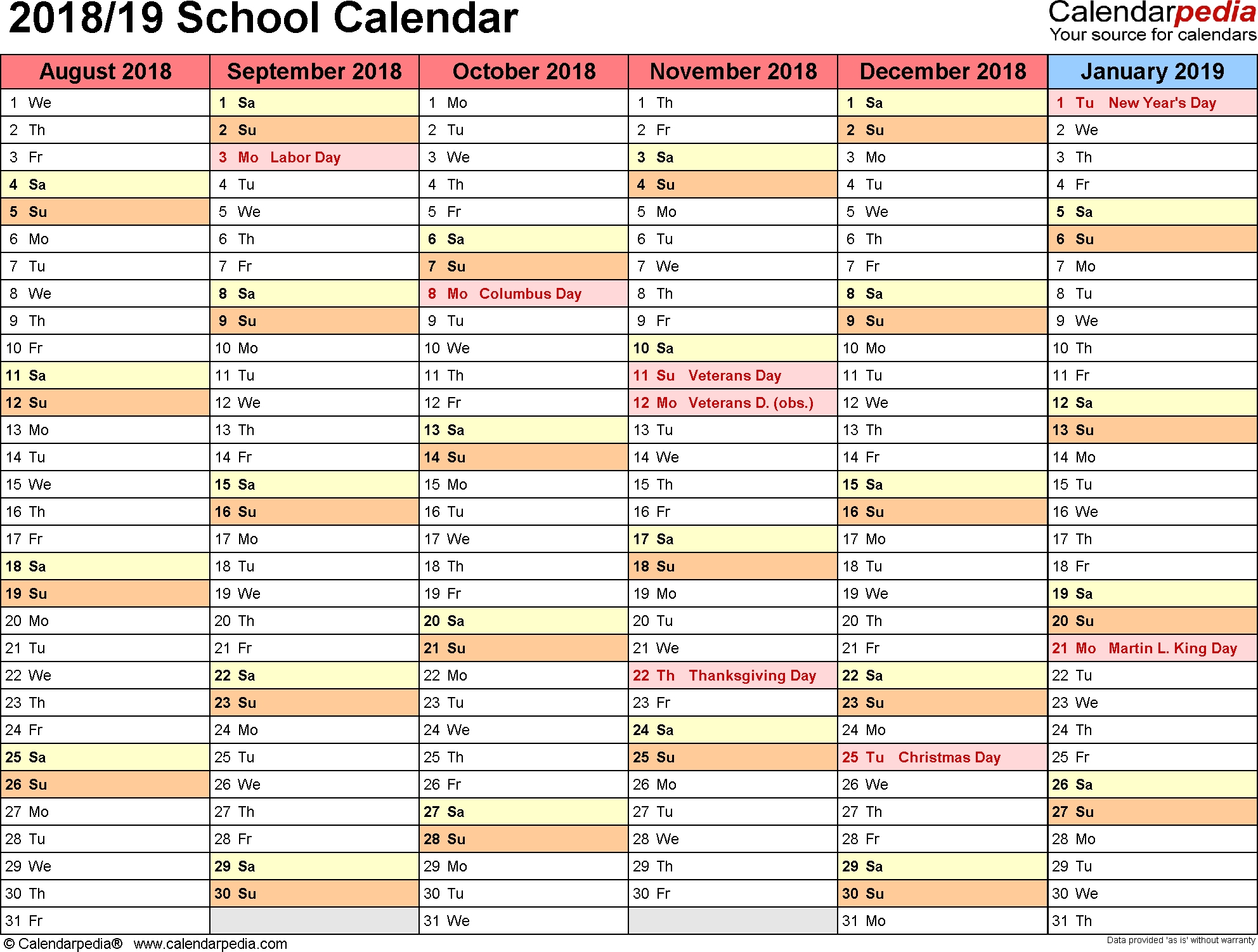 School Calendars 2018/2019 As Free Printable Word Templates Printable Calendar 18 Month