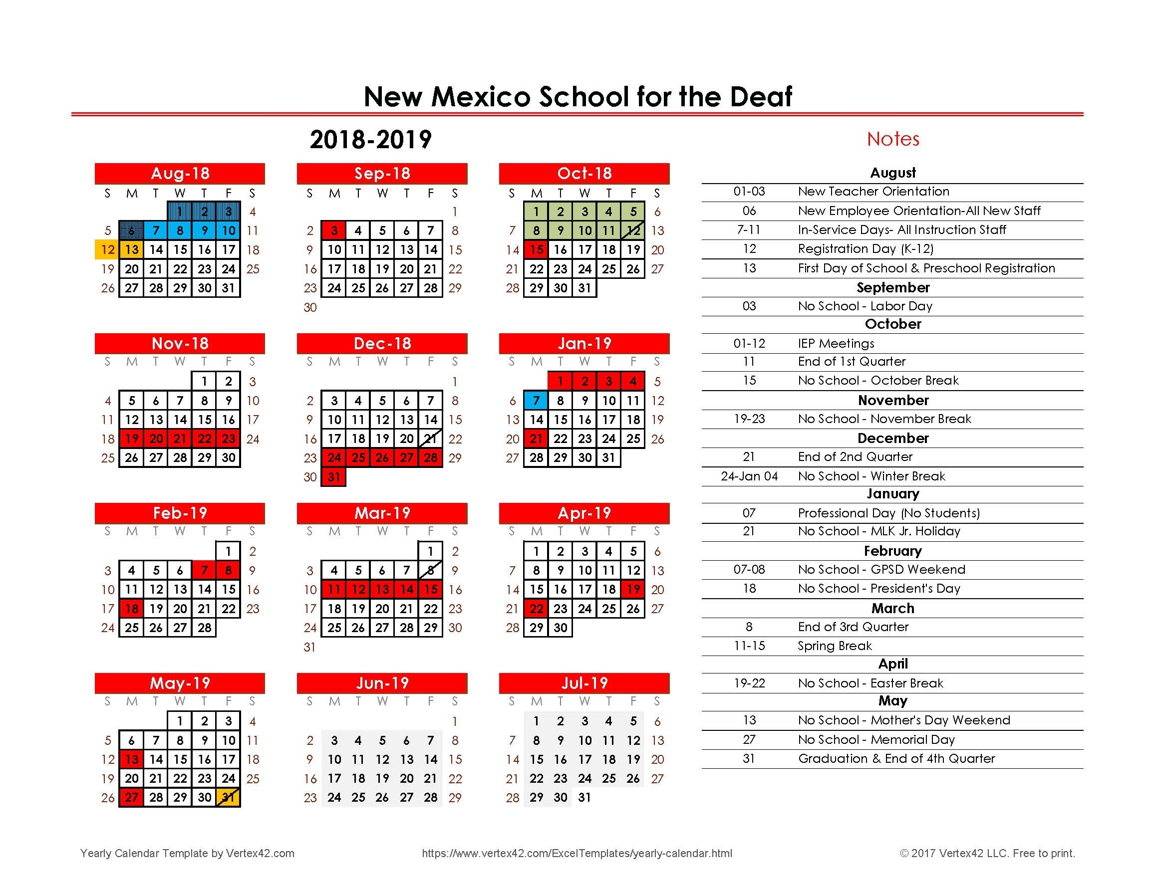 School Calendars - New Mexico School For The Deaf K International School Calendar