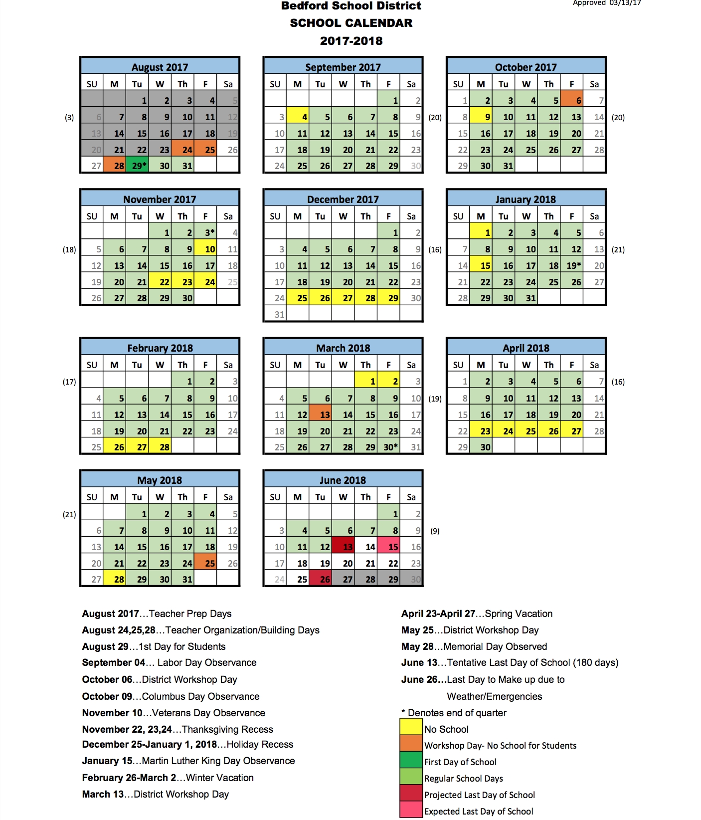 School District Calendar | Bedford Ptg Sau 9 School Calendar