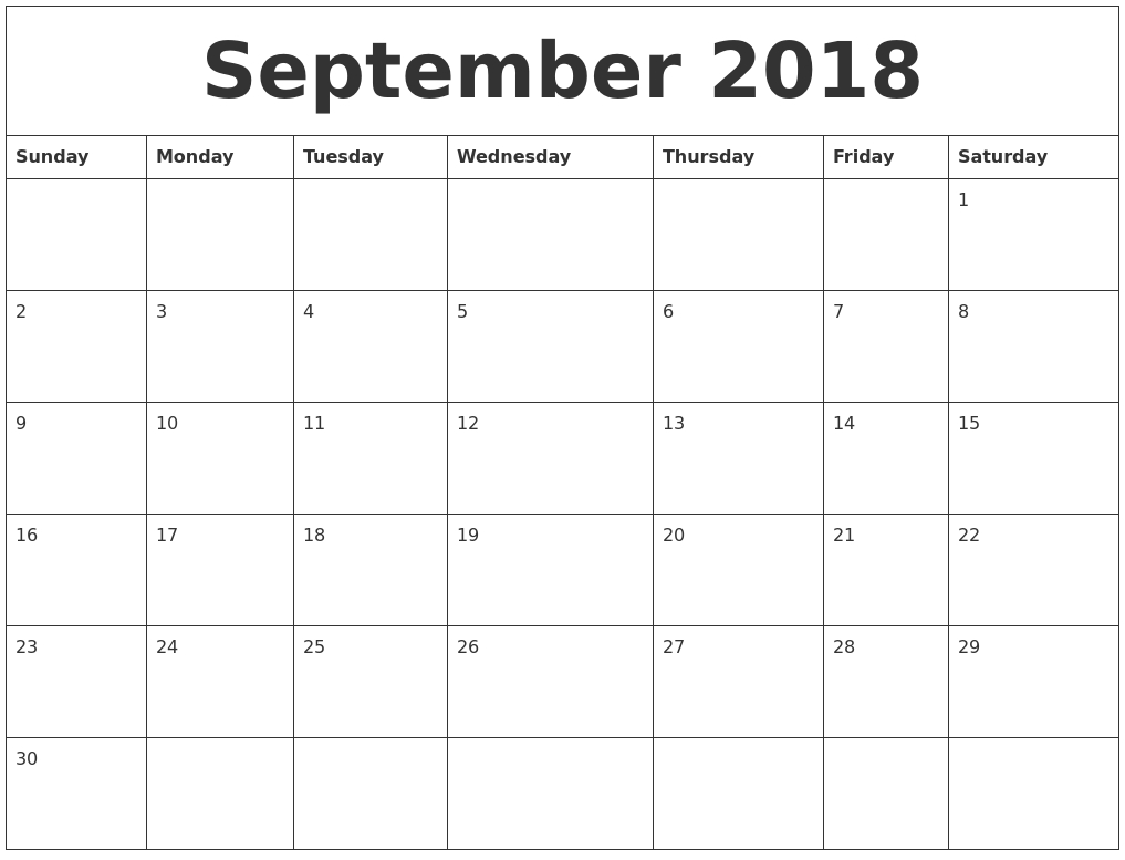 September 2018 Large Printable Calendar Free Printable Calendar Monthly