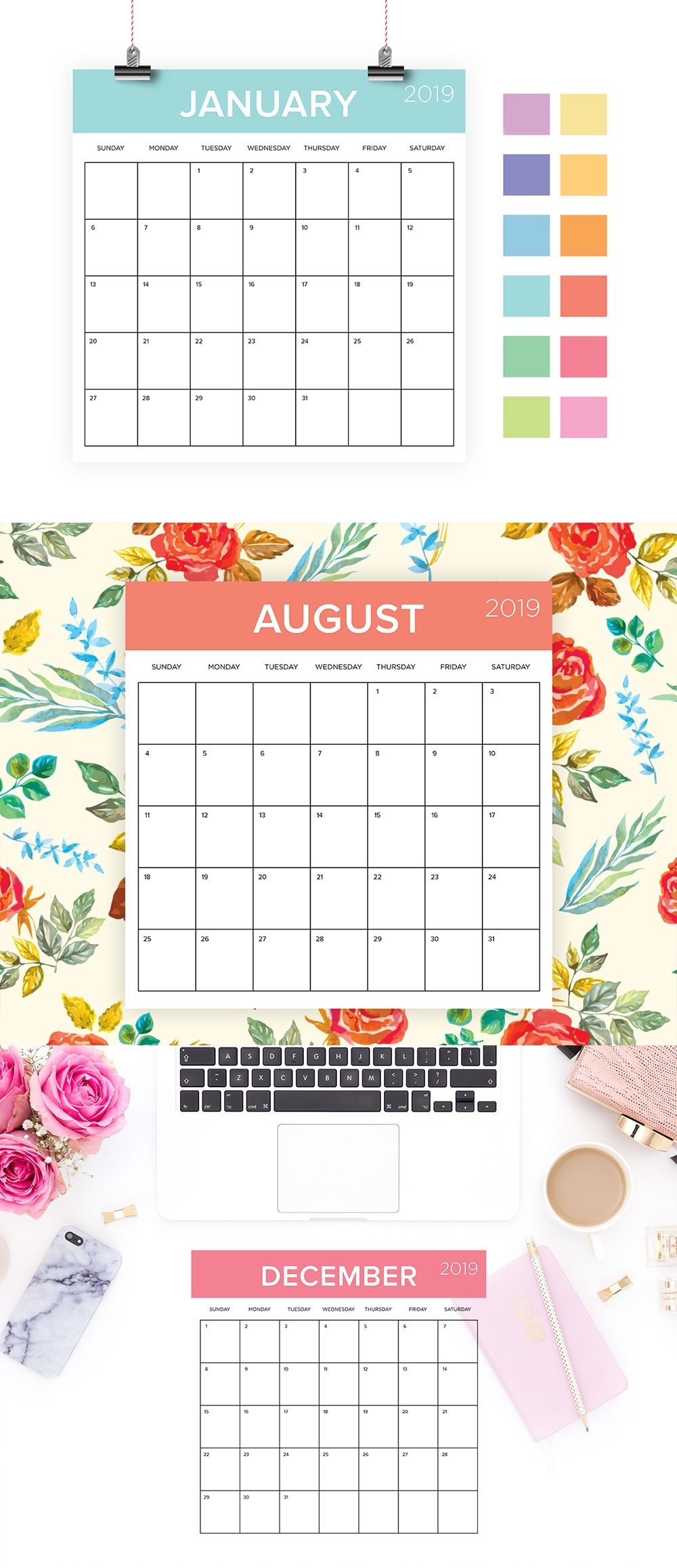 Square 2019 Calendar Template | Instant Download | Color Coded 12 X 12 Calendar Template