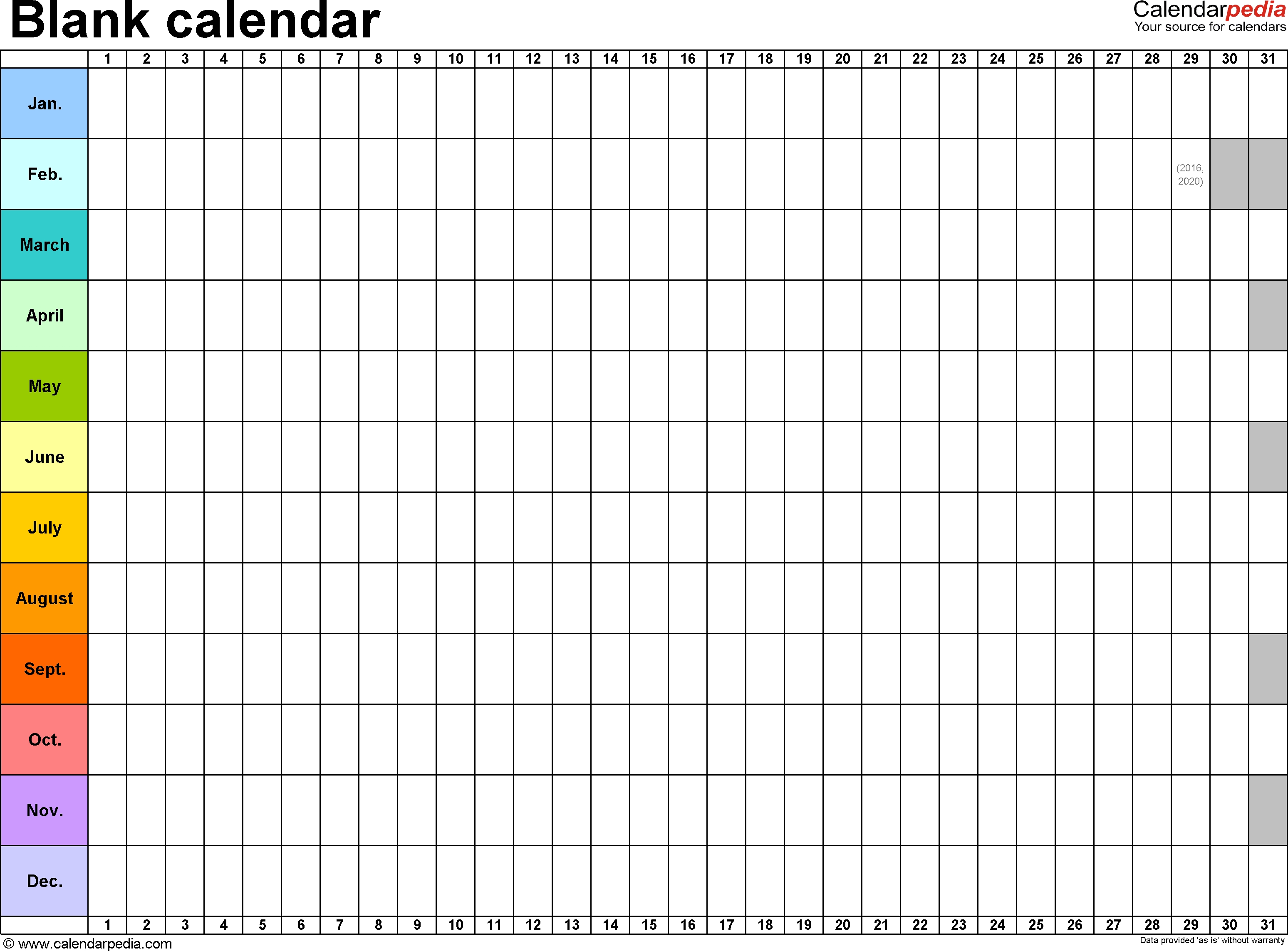 Template 2: Excel Template For Blank Calendar (Landscape Orientation Blank Yearly Calendar Template Pdf