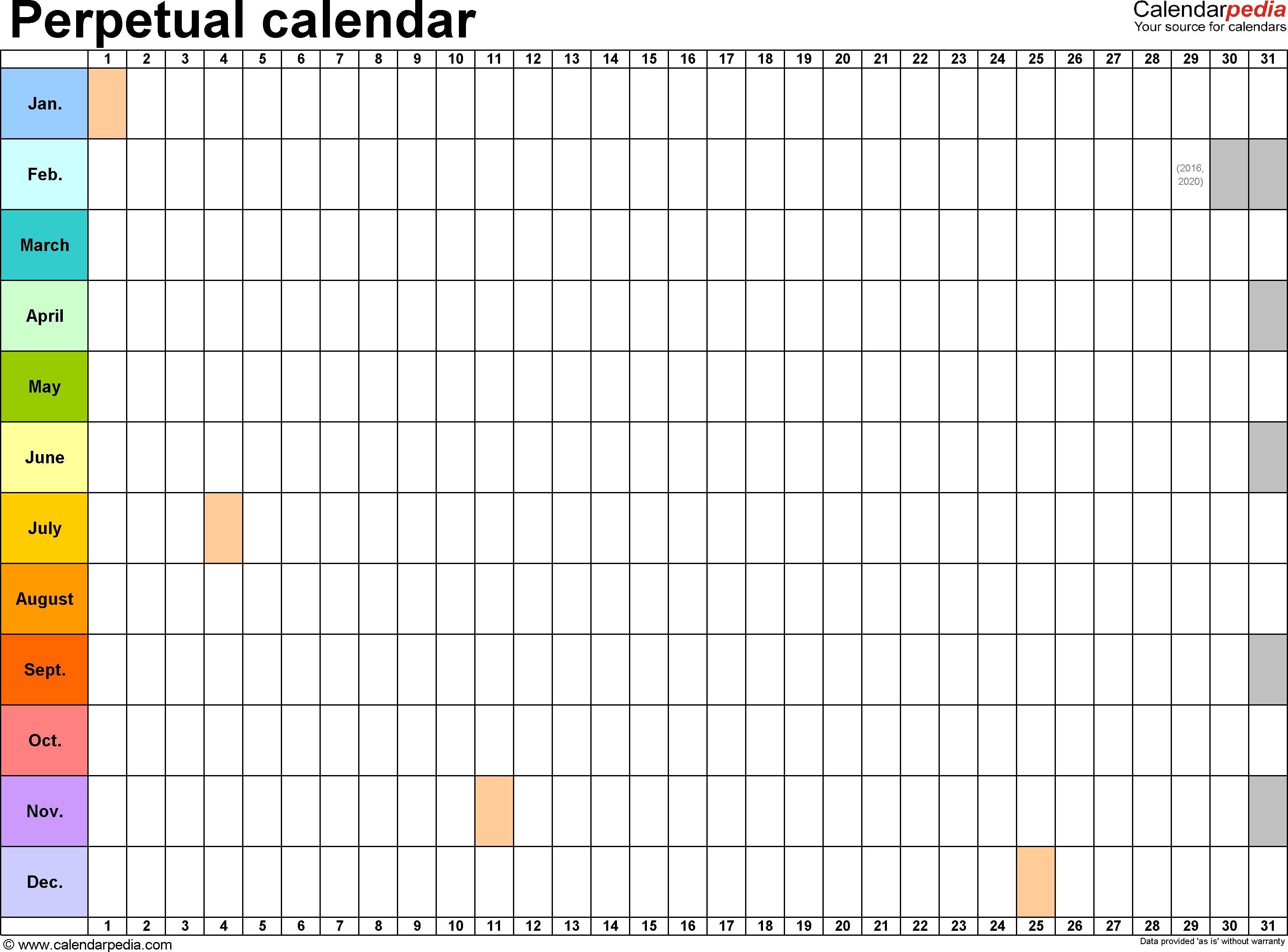 Template 2: Excel Template For Perpetual Calendar (Landscape 1/2 Page Calendar Template