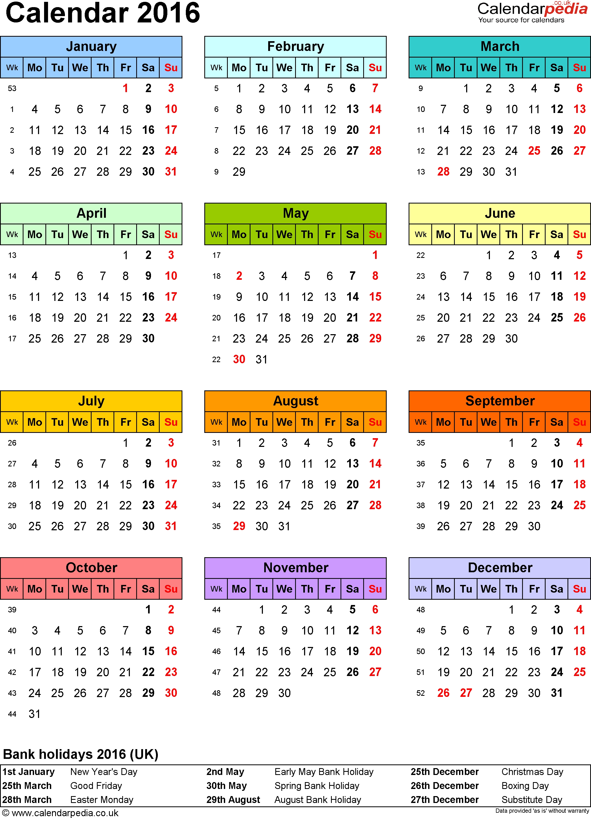 Template 9: Yearly Calendar 2016 As Pdf Template, Portrait Free Calendar Template Uk