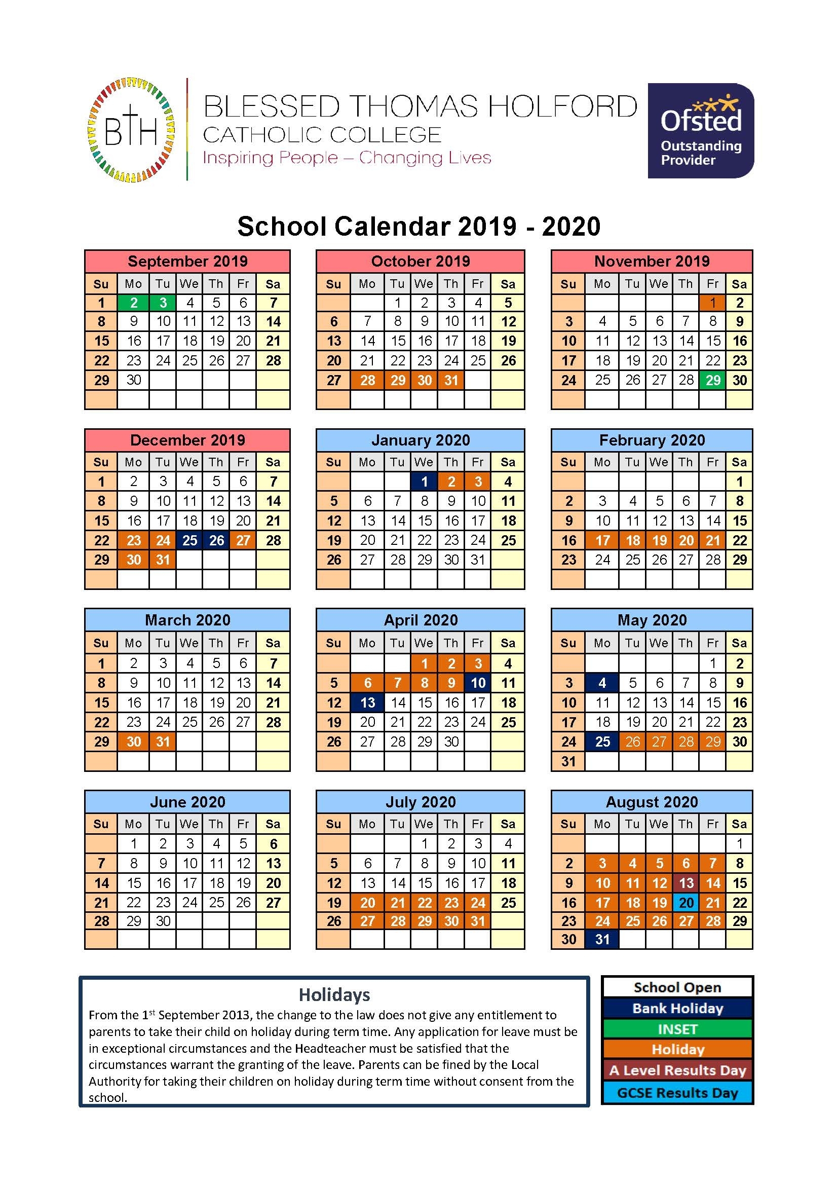 Term Dates - Blessed Thomas Holford Catholic College Teaching School 2020 Calendar School Holidays