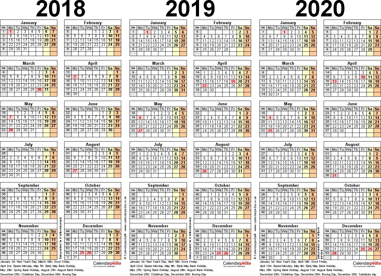 Three Year Calendars For 2018, 2019 &amp; 2020 (Uk) For Pdf 3 Year Calendar Template