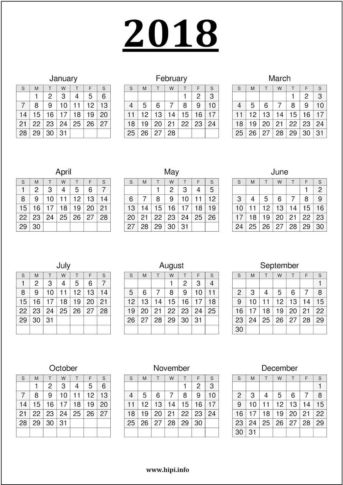 Twitter Headers / Facebook Covers / Wallpapers / Calendars: 2018 Calendar Printing One Page