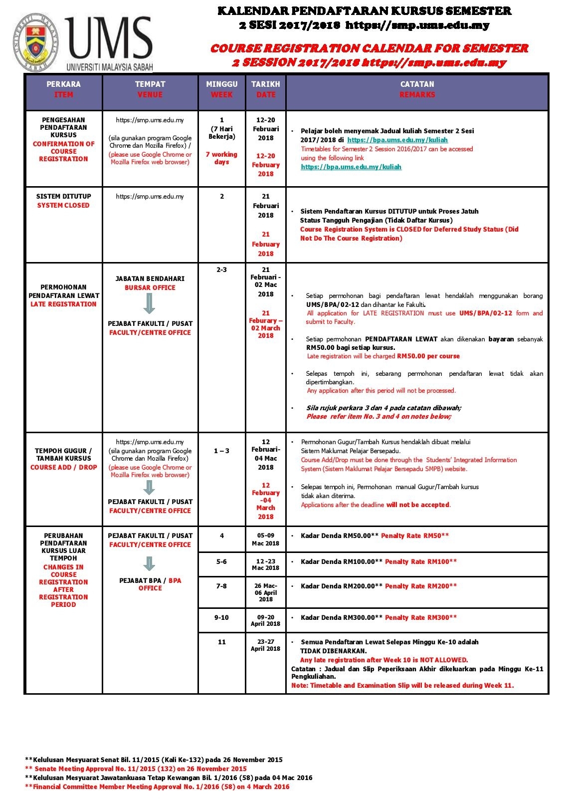 Ums - Course Registration Calendar For Semester 2 Session 2017/2018 Calendar Printing Kota Kinabalu