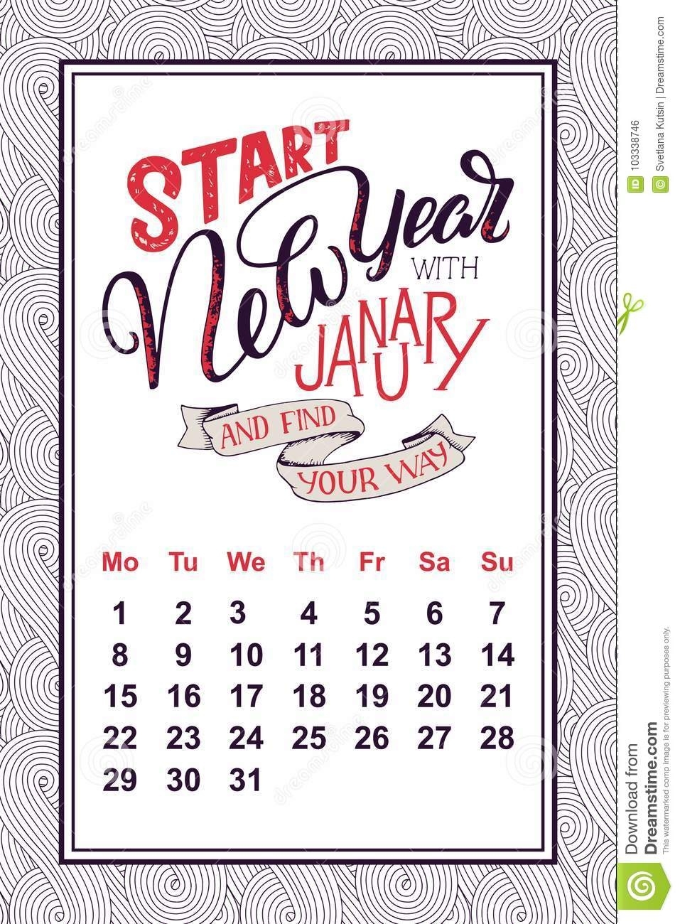 Vector Calendar For Month 2 0 1 8. Hand Drawn Lettering Quote For Calendar Month Starts With 0
