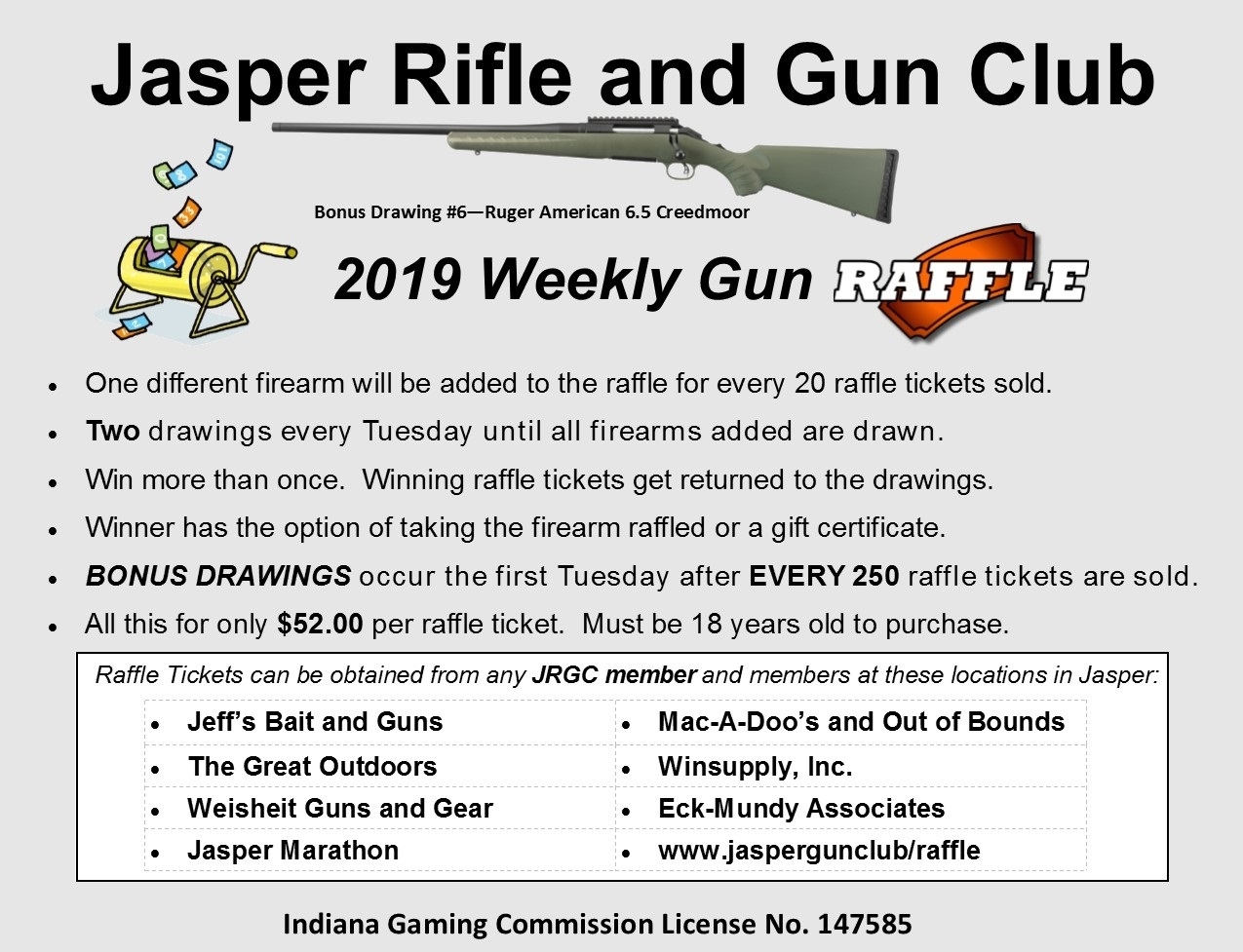 Weekly Gun Raffle | Jasper Rifle &amp; Gun Club Calendar Raffle Ticket Printing
