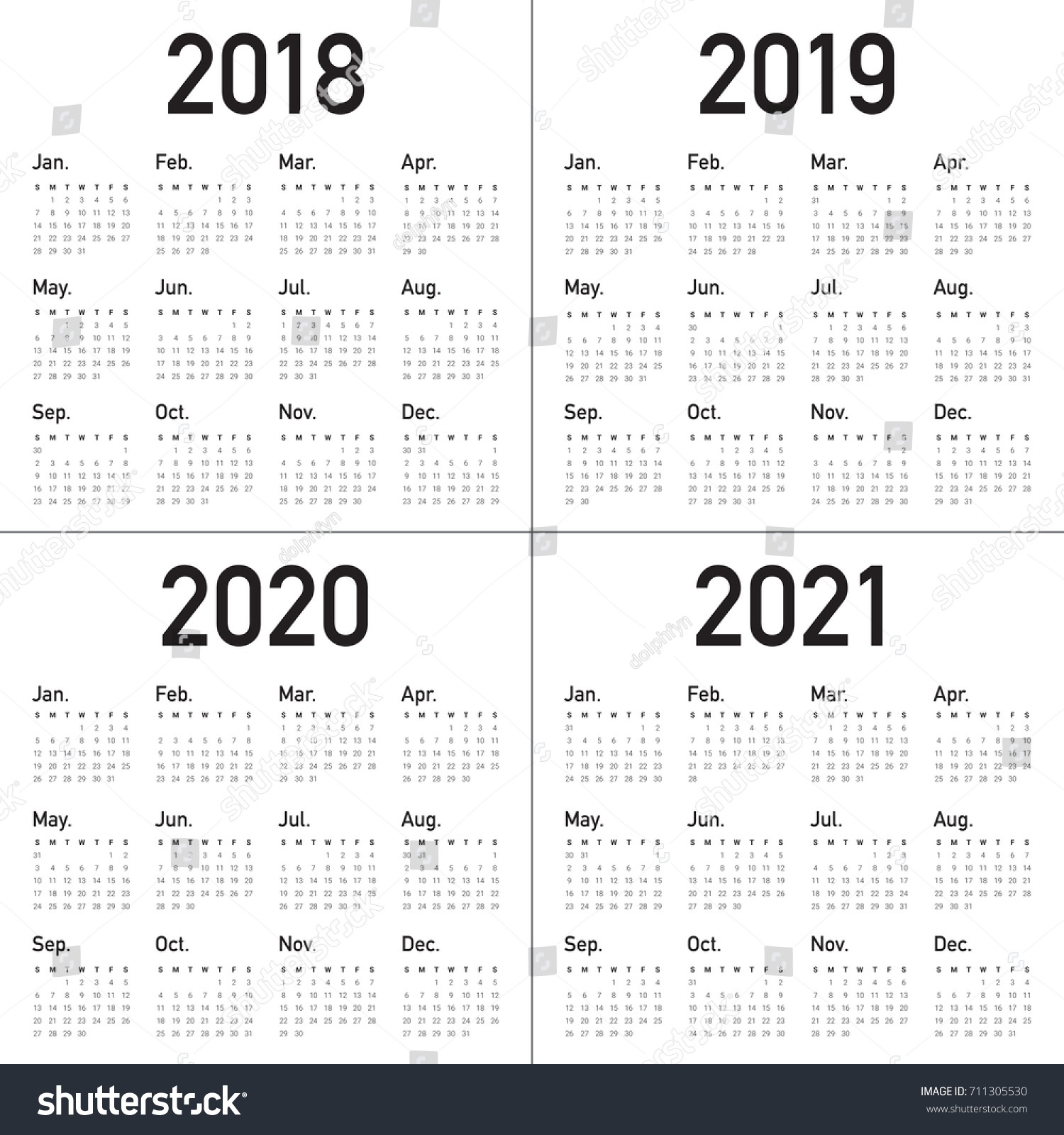 Year 2018 2019 2020 2021 Calendar Stock Vector (Royalty Free 4 Year Calendar Template