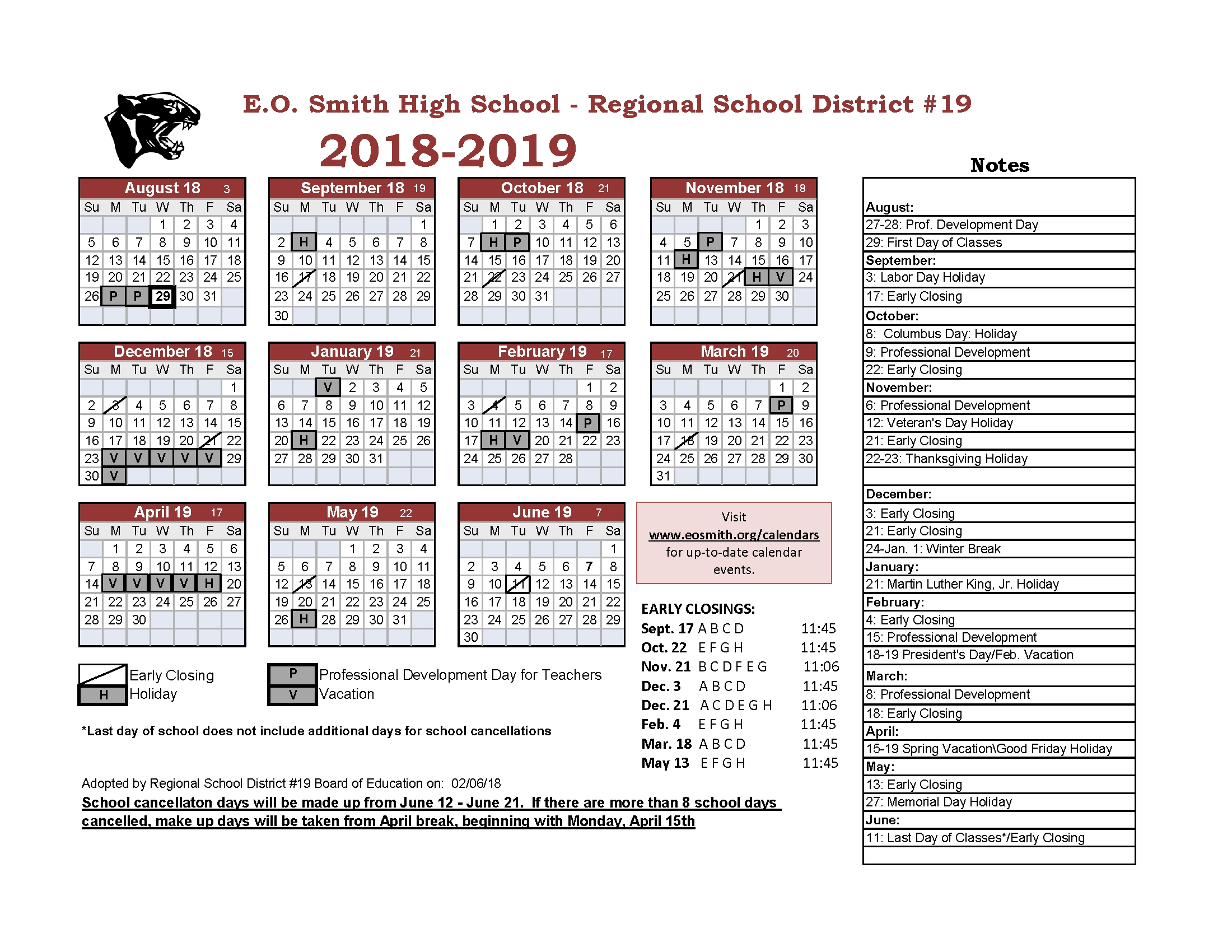 Year At A Glance - Edwin O. Smith High School Region 1 School Calendar