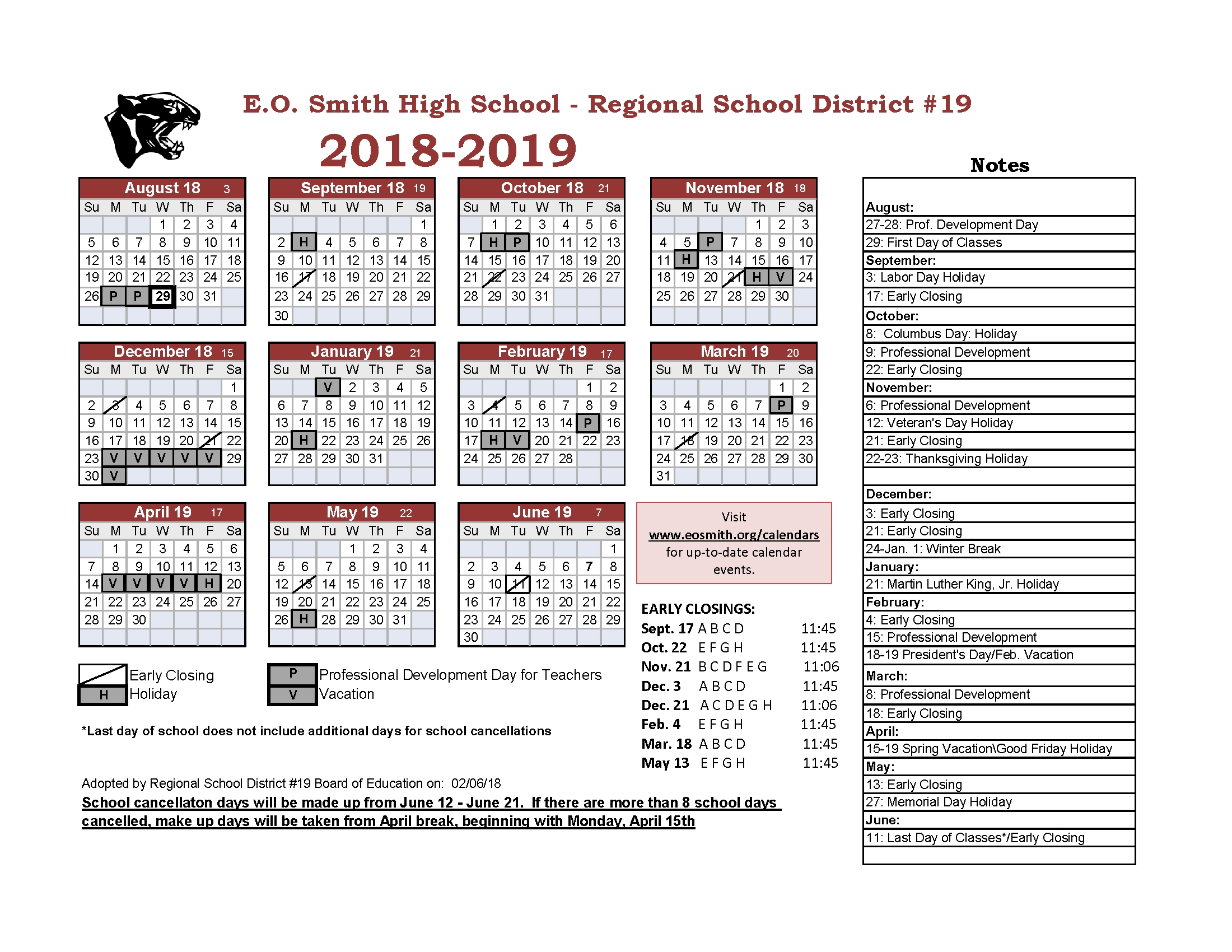 Year At A Glance - Edwin O. Smith High School Region 6 School Calendar