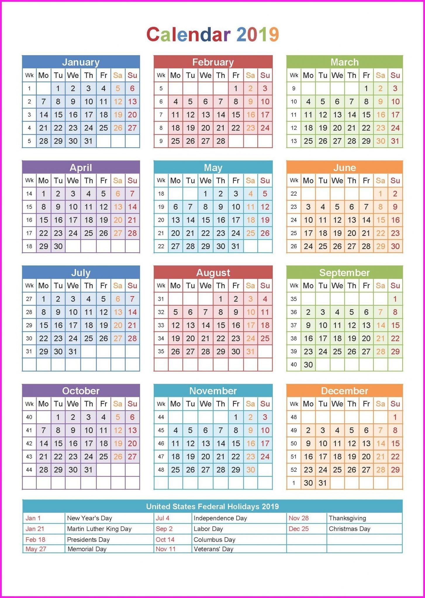 Yearly 2019 Calendar Printable | Top 10 Free 2019 Calendar Printable Printable Calendar 18 Month