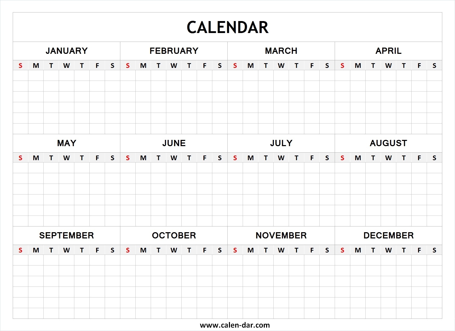 Yearly Calendar Blank | Year Printable Calendar Year Calendar Template Blank