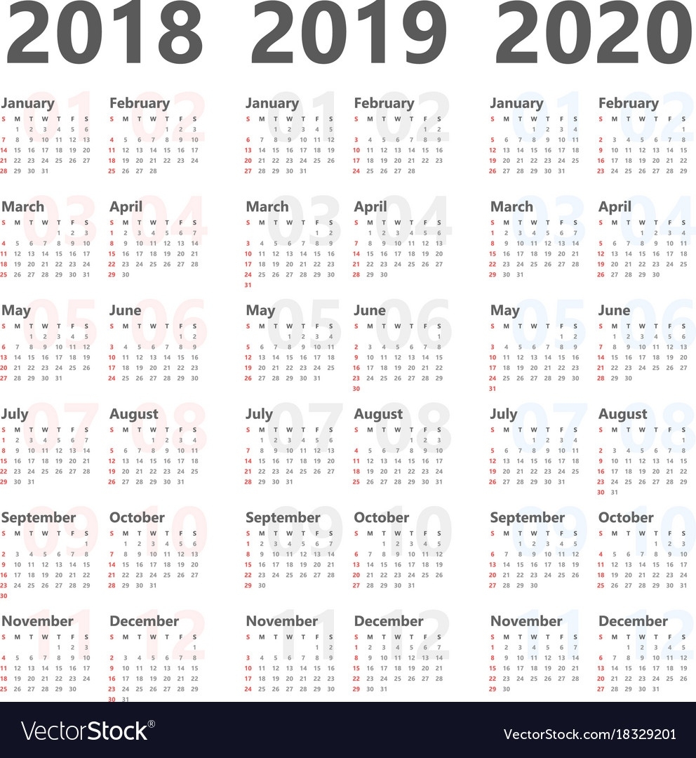 Yearly Calendar For Next 3 Years 2018 To 2020 Vector Image 3 Year Calendar Template