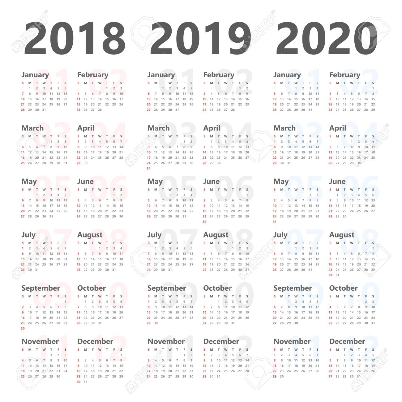 Yearly Calendar Template For 2018 To 2020. Royalty Free Cliparts 3 Year Calendar Template