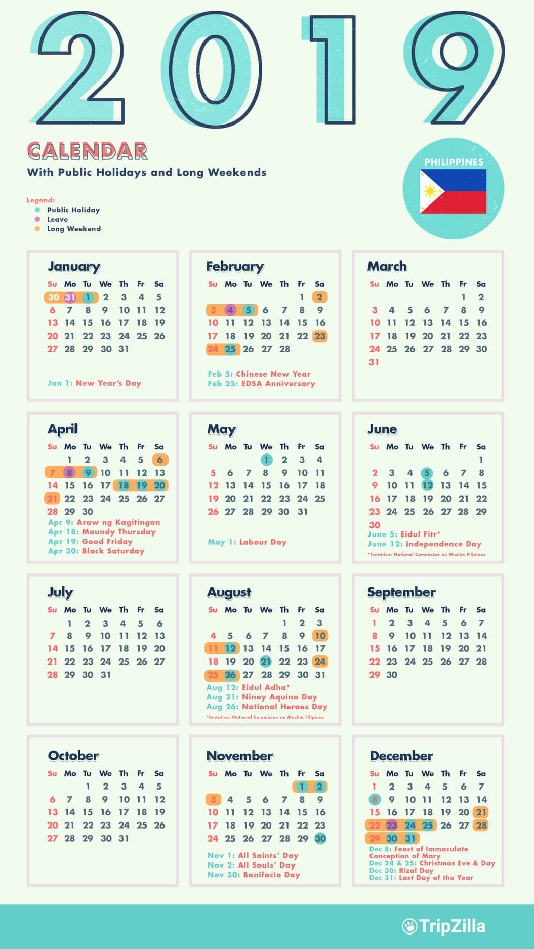 10 Long Weekends In The Philippines In 2019 With Calendar &amp; Cheatsheet Calendar Holidays In Philippines