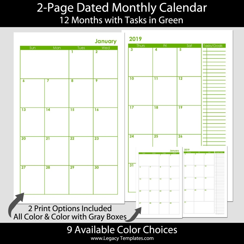 2-Page Dated Monthly Calendar In Green 5.5 X 8.5 | Legacy Templates 5.5 X 8.5 Calendar Template
