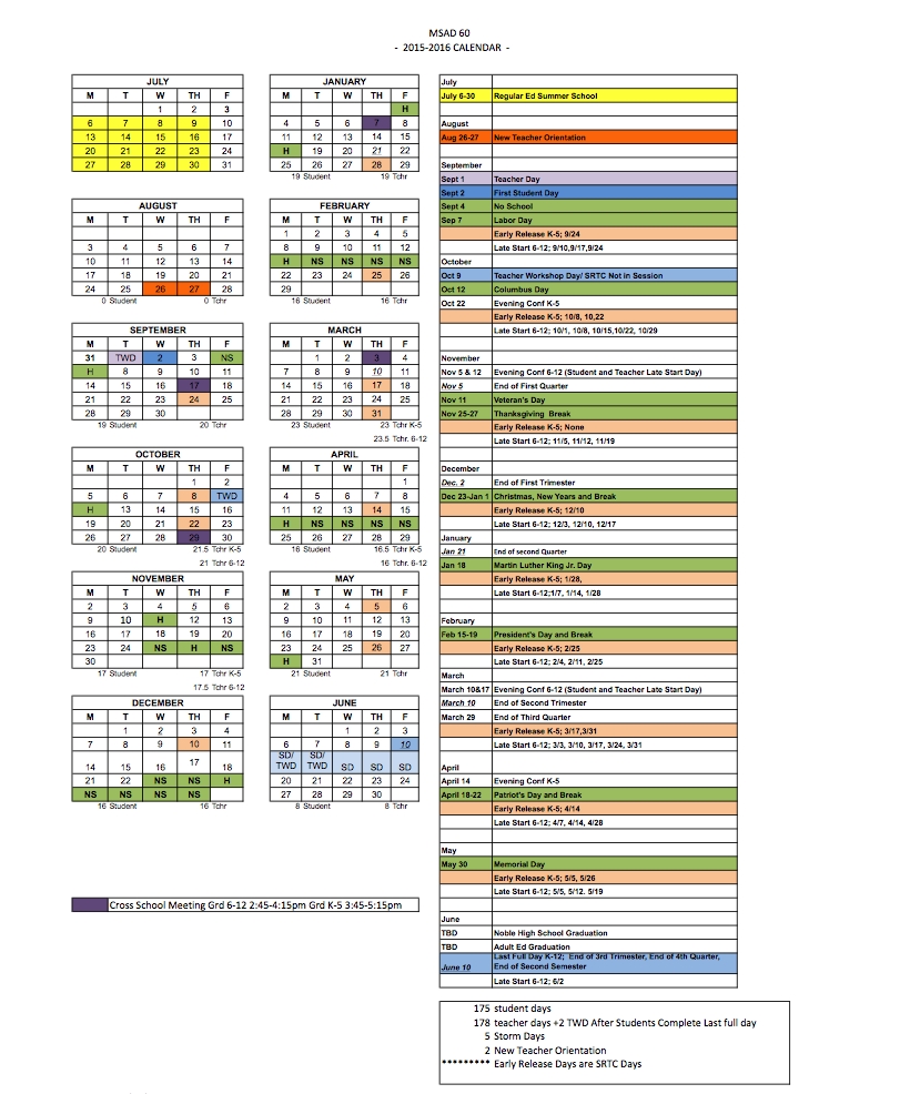 2015-16 School Year Calendar | Msad 60 Extraordinary Msad 6 School Calendar