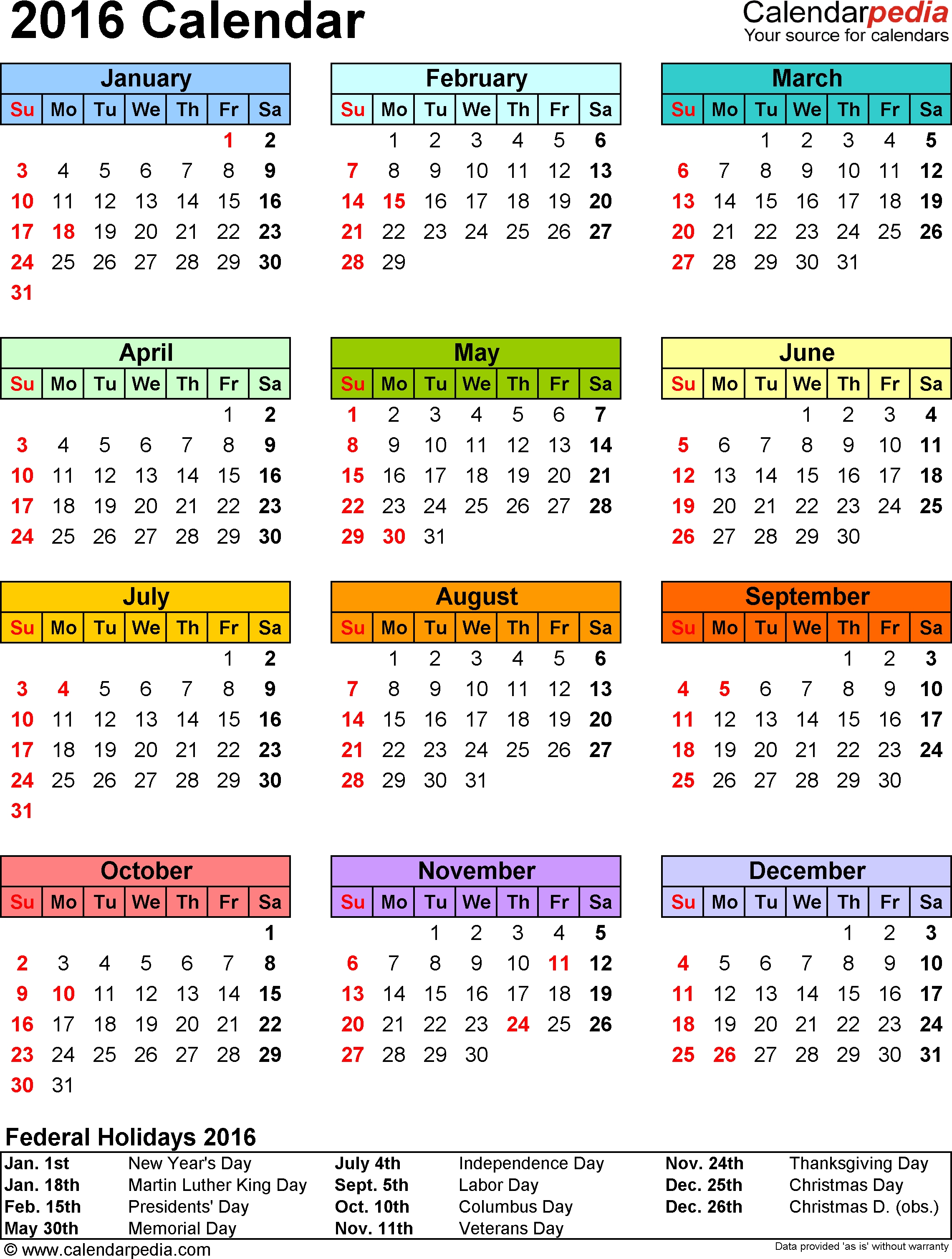 2016 Calendar With Federal Holidays &amp; Excel/pdf/word Templates Year Calendar With Holidays