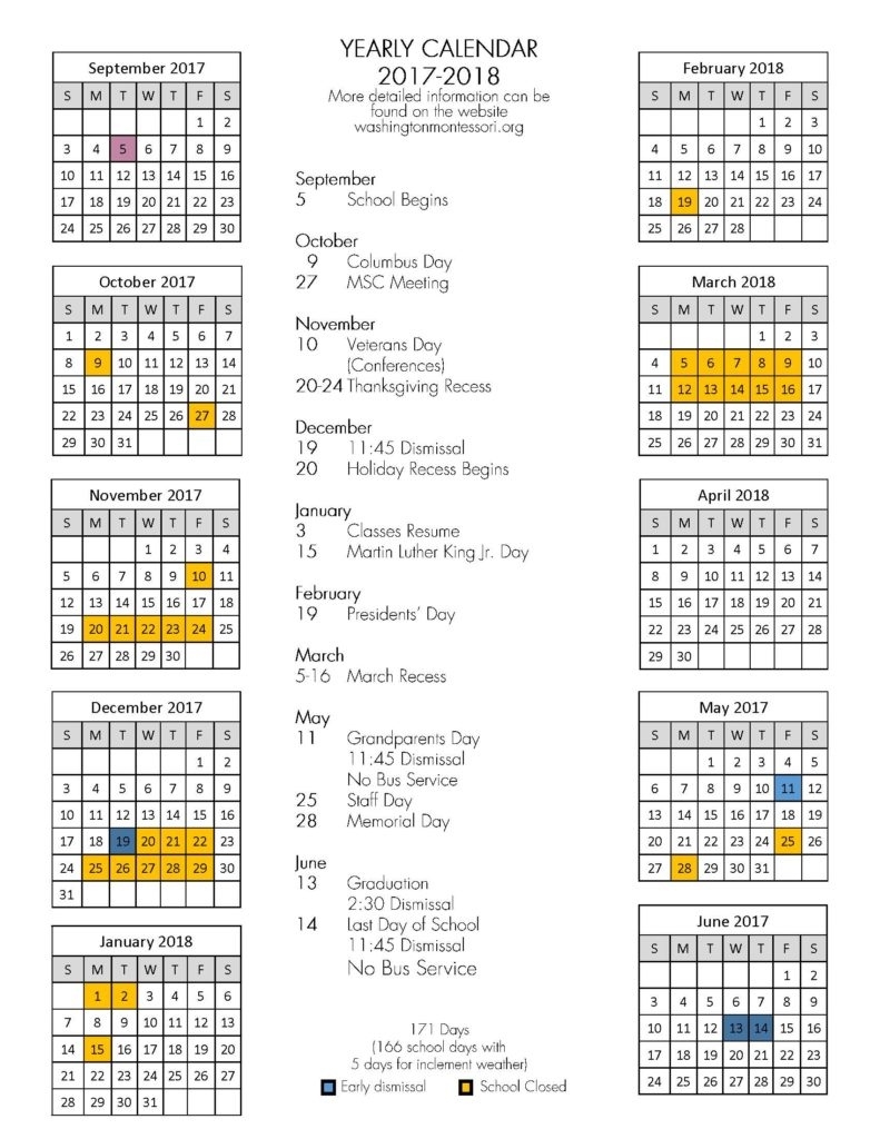 2017-18 School Year Calendar | Washington Montessori School School Calendar Waterbury Ct