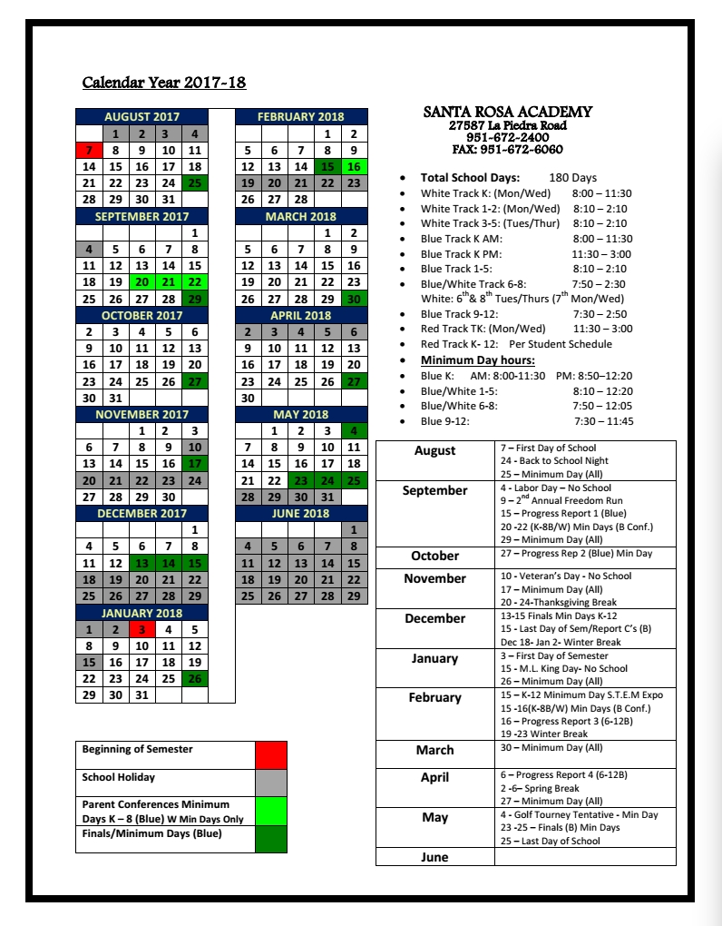 2017/2018 Year To Date Calendar – Santa Rosa Academy Freedom 7 School Calendar