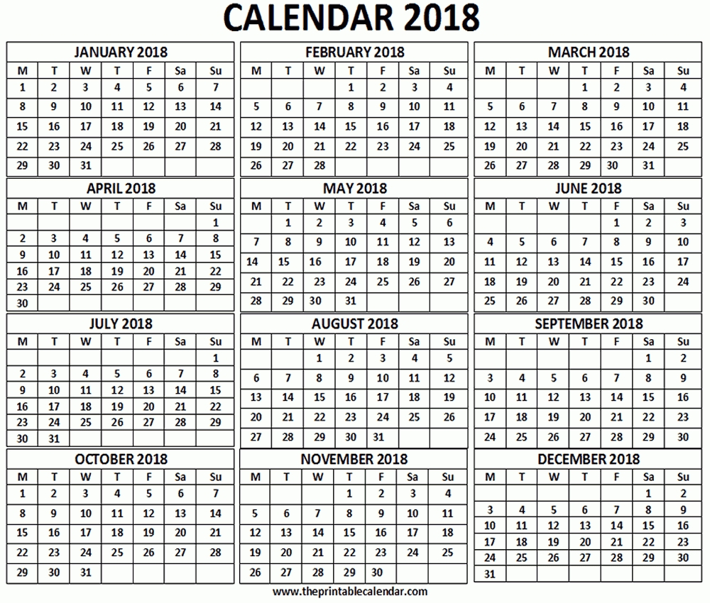 2018 Calendar - 12 Months Calendar On One Page - Free Printable Calendar Blank Calendar 12 Months