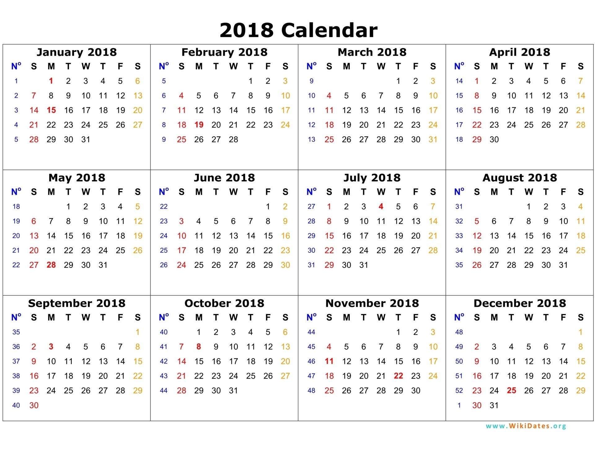2018 Calendar On One Page | Calendar Template 2016 | Planner Stuff 1 Year Calendar Template Word