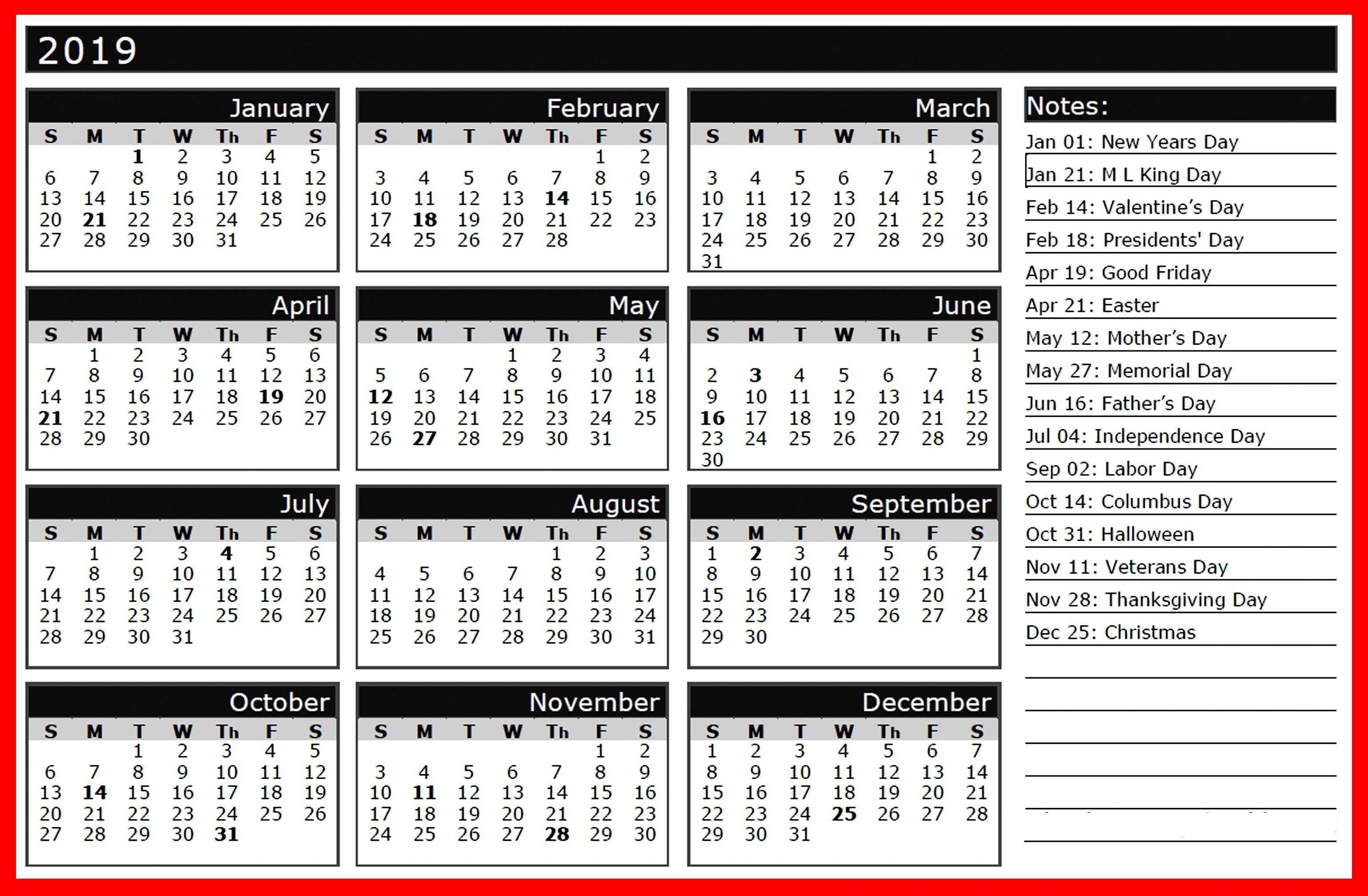 Year Calendar With Holidays – Printable Blank Calendar Template