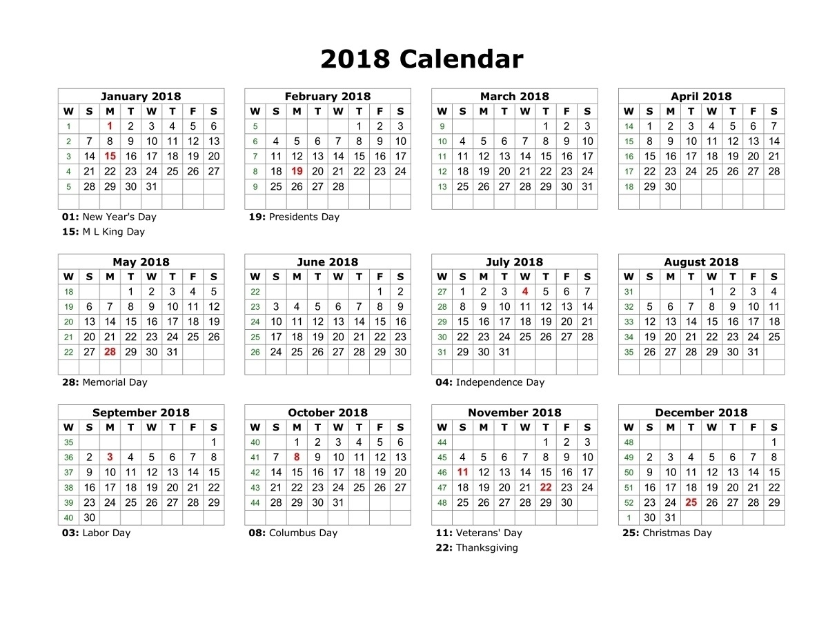 2018 Yearly Calendars With Holidays | Activity Shelter Year Calendar With Holidays