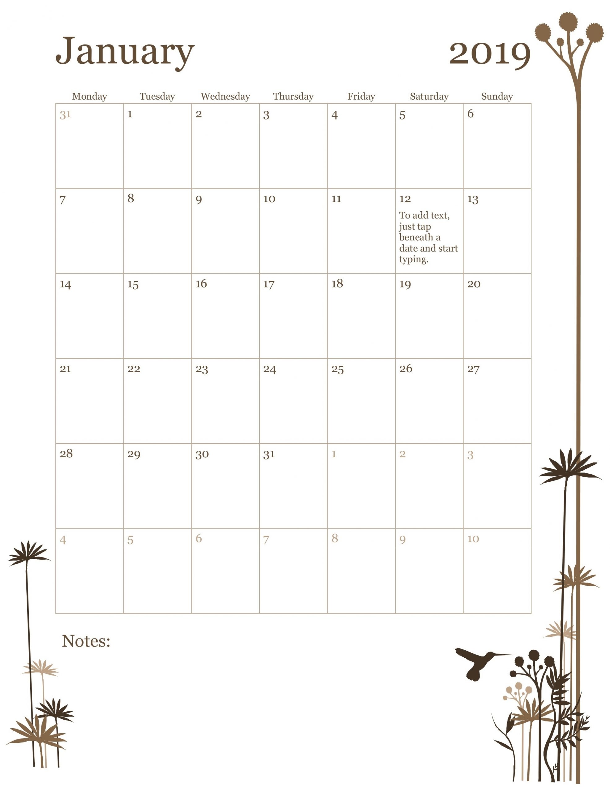 2019 12-Month Calendar (Mon-Sun) Calendar Month How To