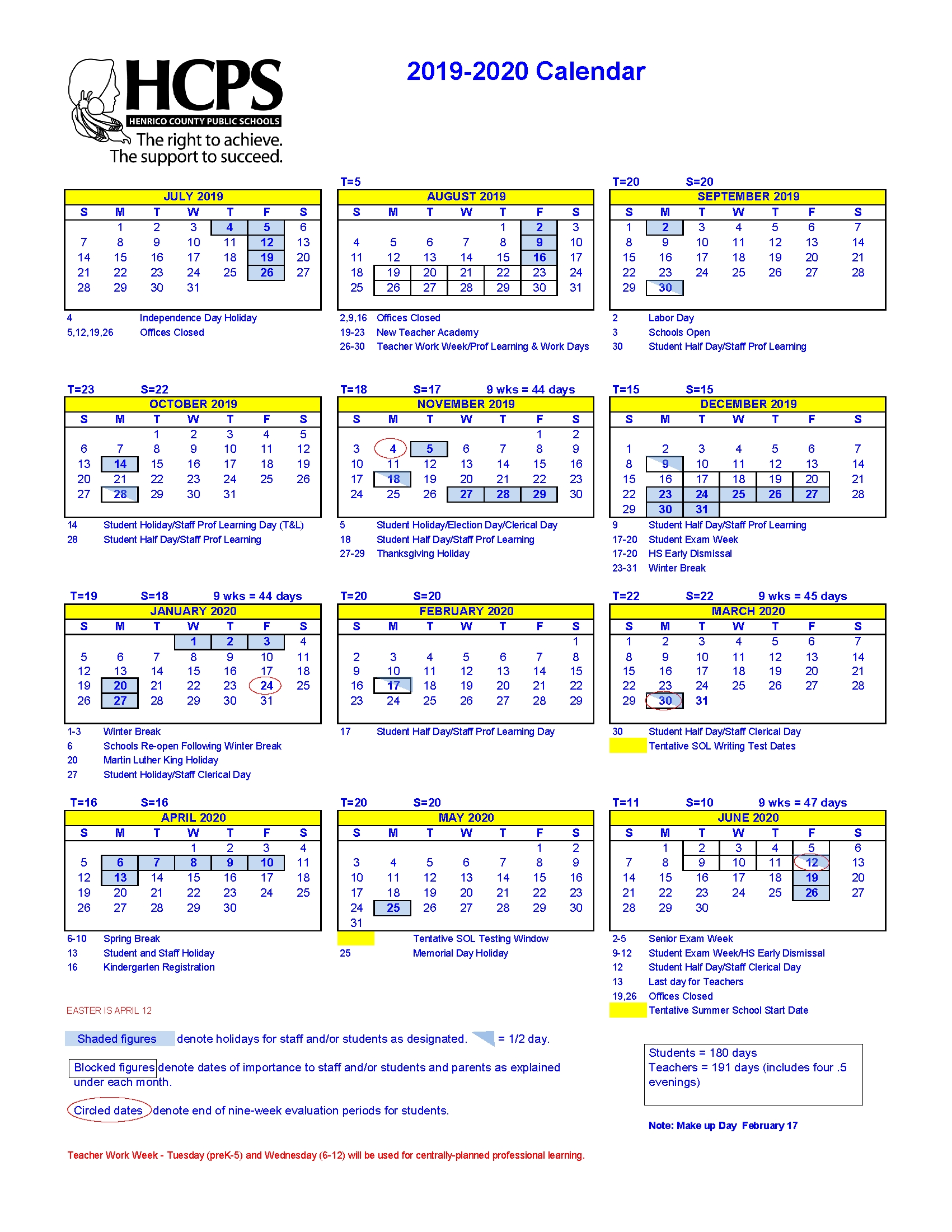 2019-20 Henrico County Public Schools Calendar – Approved – Henrico School Calendar Martin County