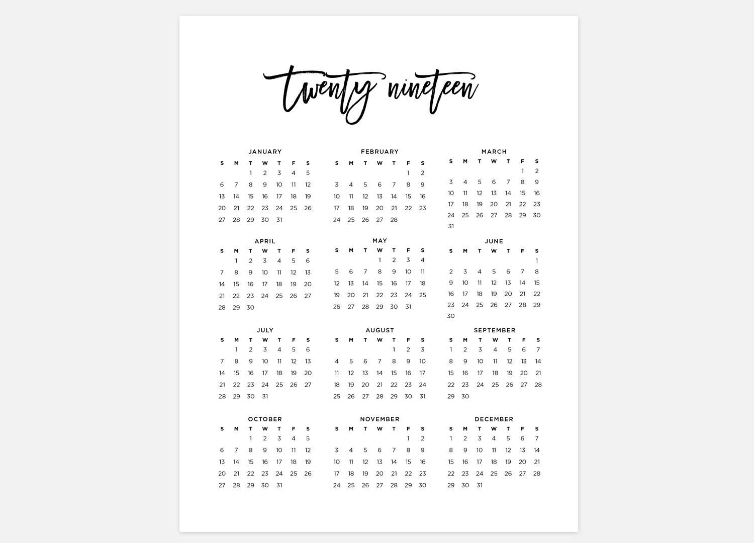 2019 Calendar Simple Calendar 2019 Year Calendar 2019 | Etsy A3 Wall Calendar Printing