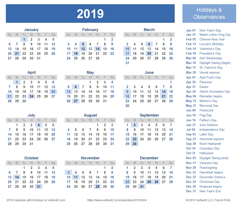 2019 Calendar Templates And Images Year Calendar With Holidays