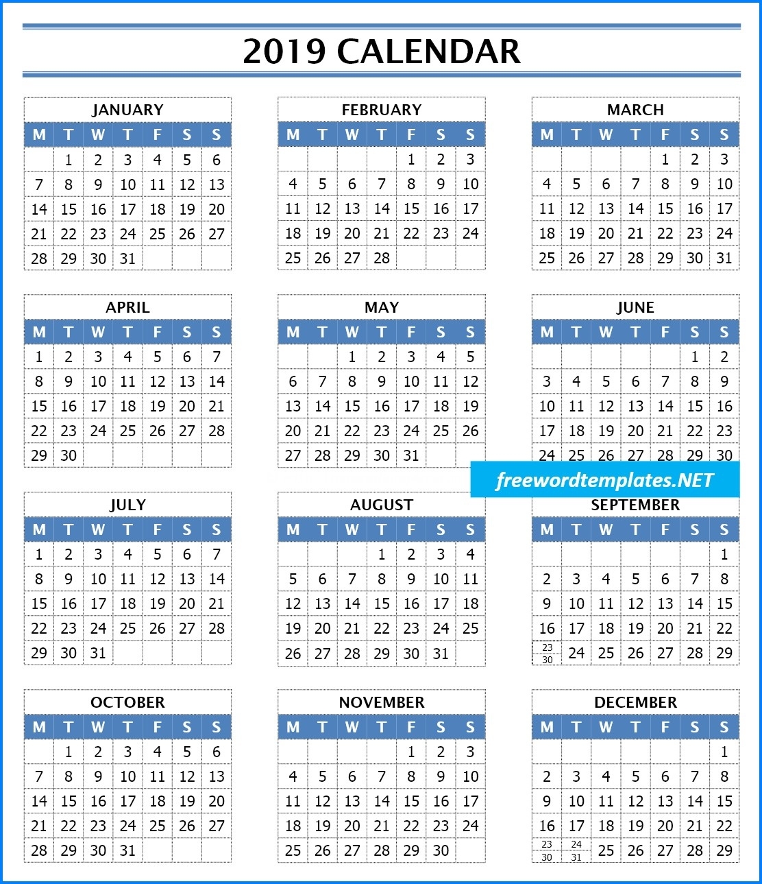 2019 Calendar Templates | Freewordtemplates 1 Year Calendar Template Word