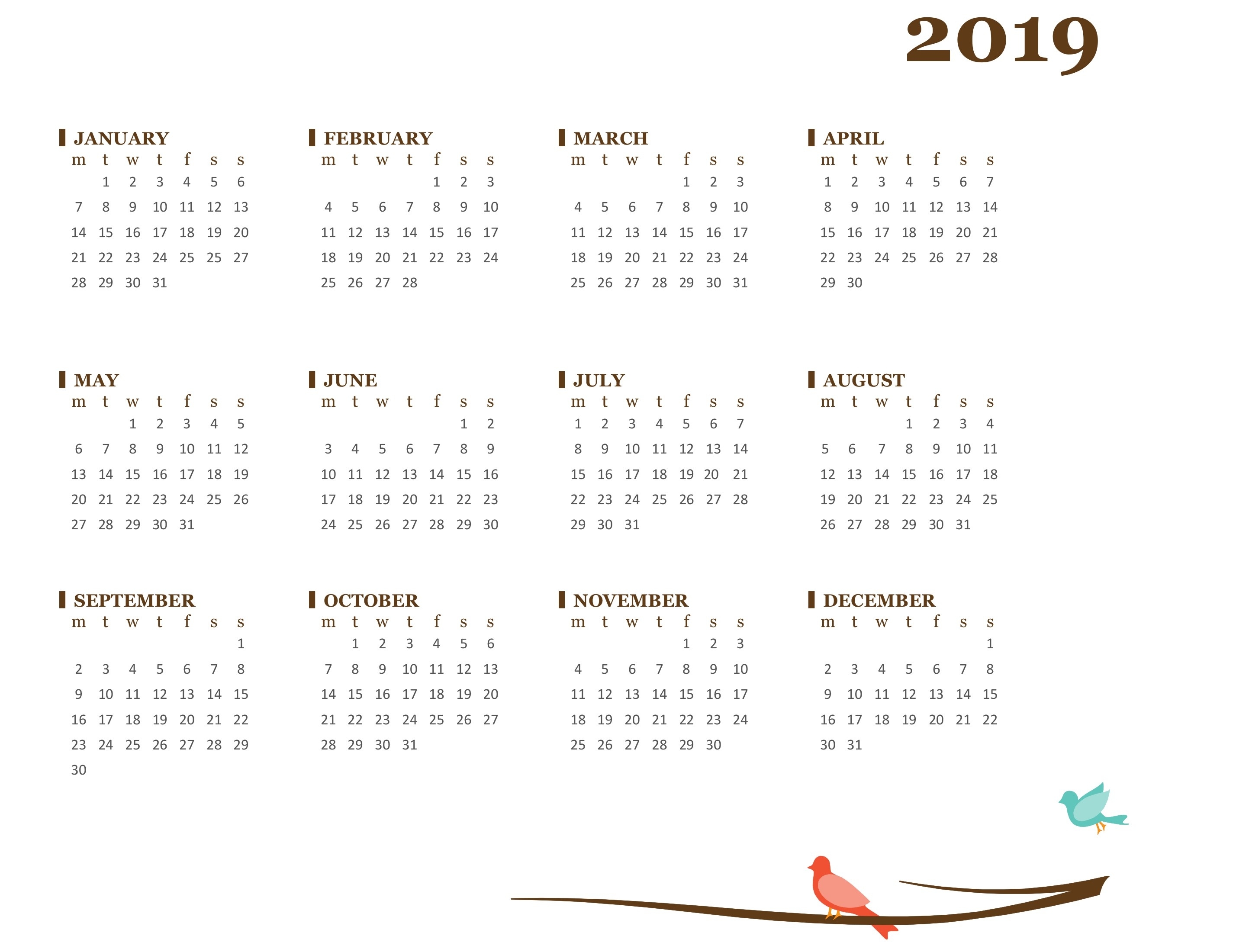 2019 Yearly Calendar (Mon-Sun) 1 Year Calendar Template