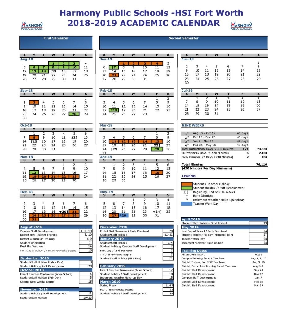 Academic Calendar – Harmony School Of Innovation – Fort Worth Calendar School District 96