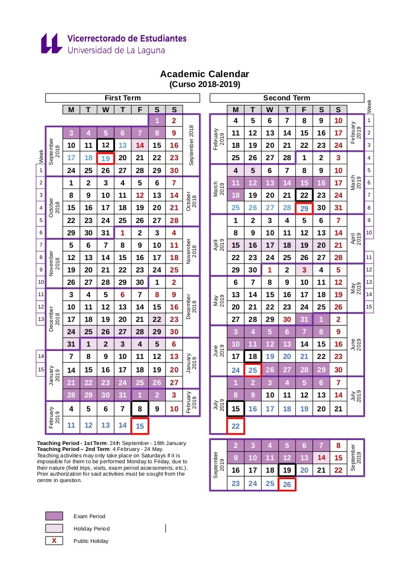 Academic Calendar - University Of La Laguna U Of C School Calendar