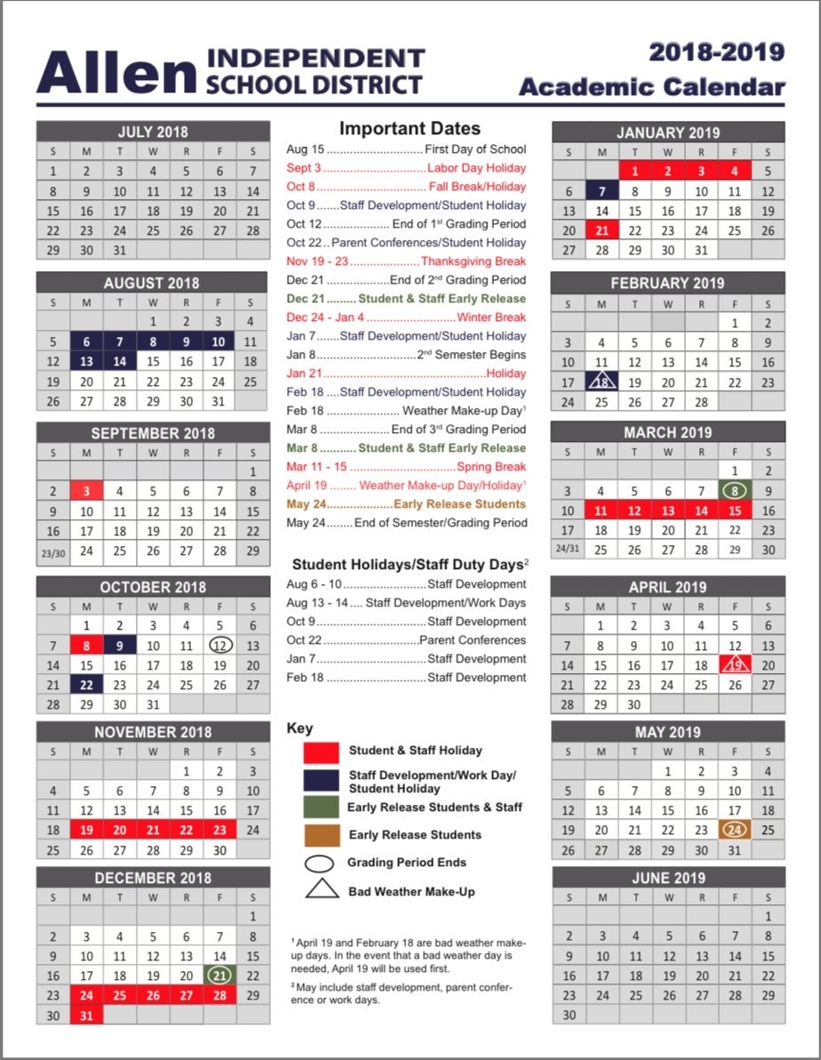 Allen Isd On Twitter: &quot;start Your Planning Now! The 2018-19 Academic School Calendar Allen Isd