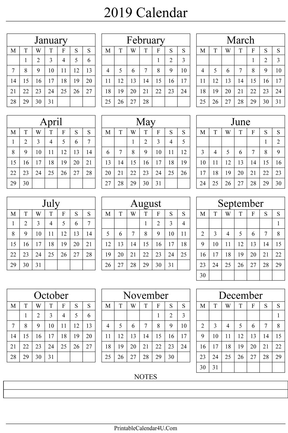 Annual Calendar 2019 Portrait Printable Calendar 2017 | Gift Ideas 1 Year Calendar Template