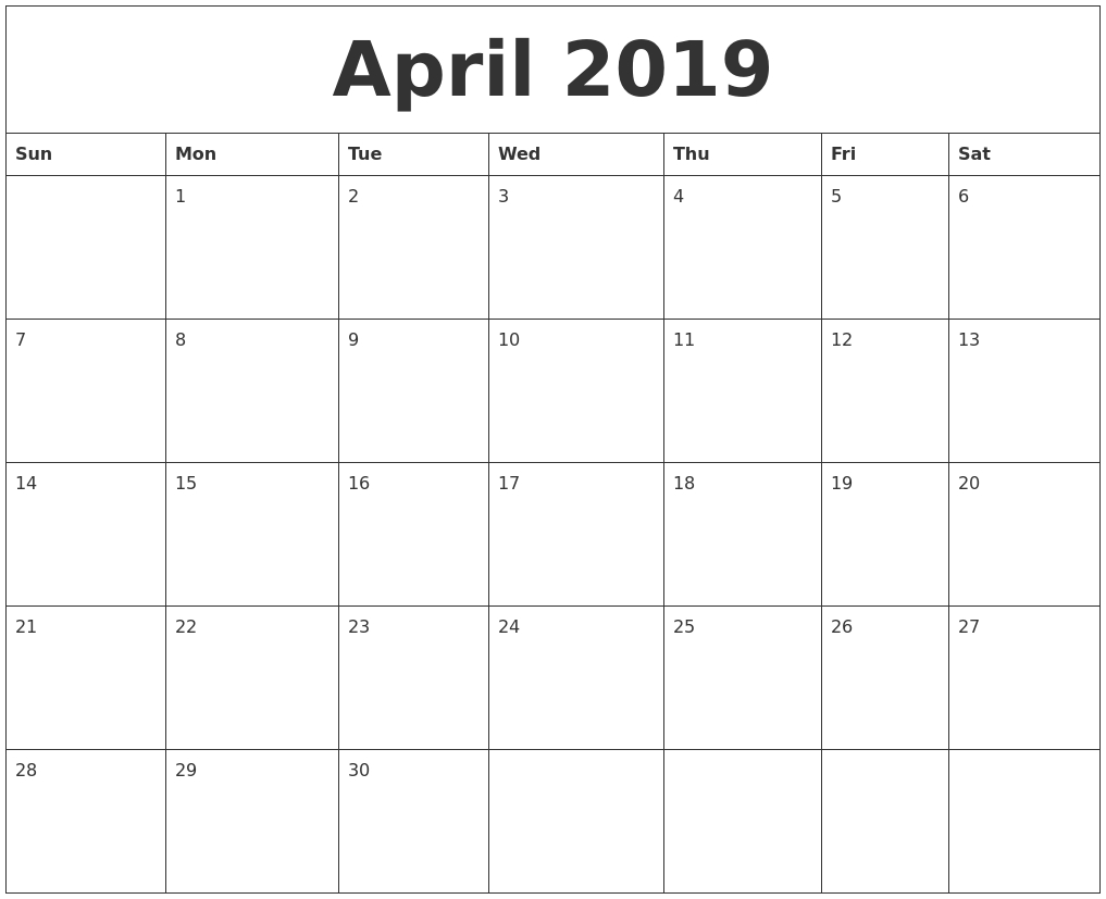 April 2019 Calendar 11X8.5 | Printable Monthly Calendar Templates 5 Month Calendar Template