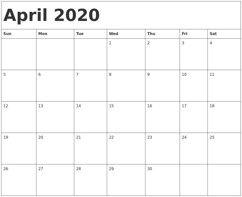 April 2020 Calendar Template Calendar Template Sunday Start