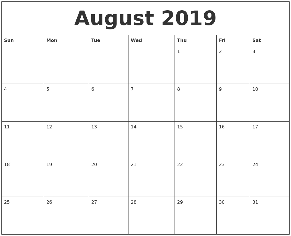 August 2019 Monthly Printable Calendar Calendar Month By Month Printable