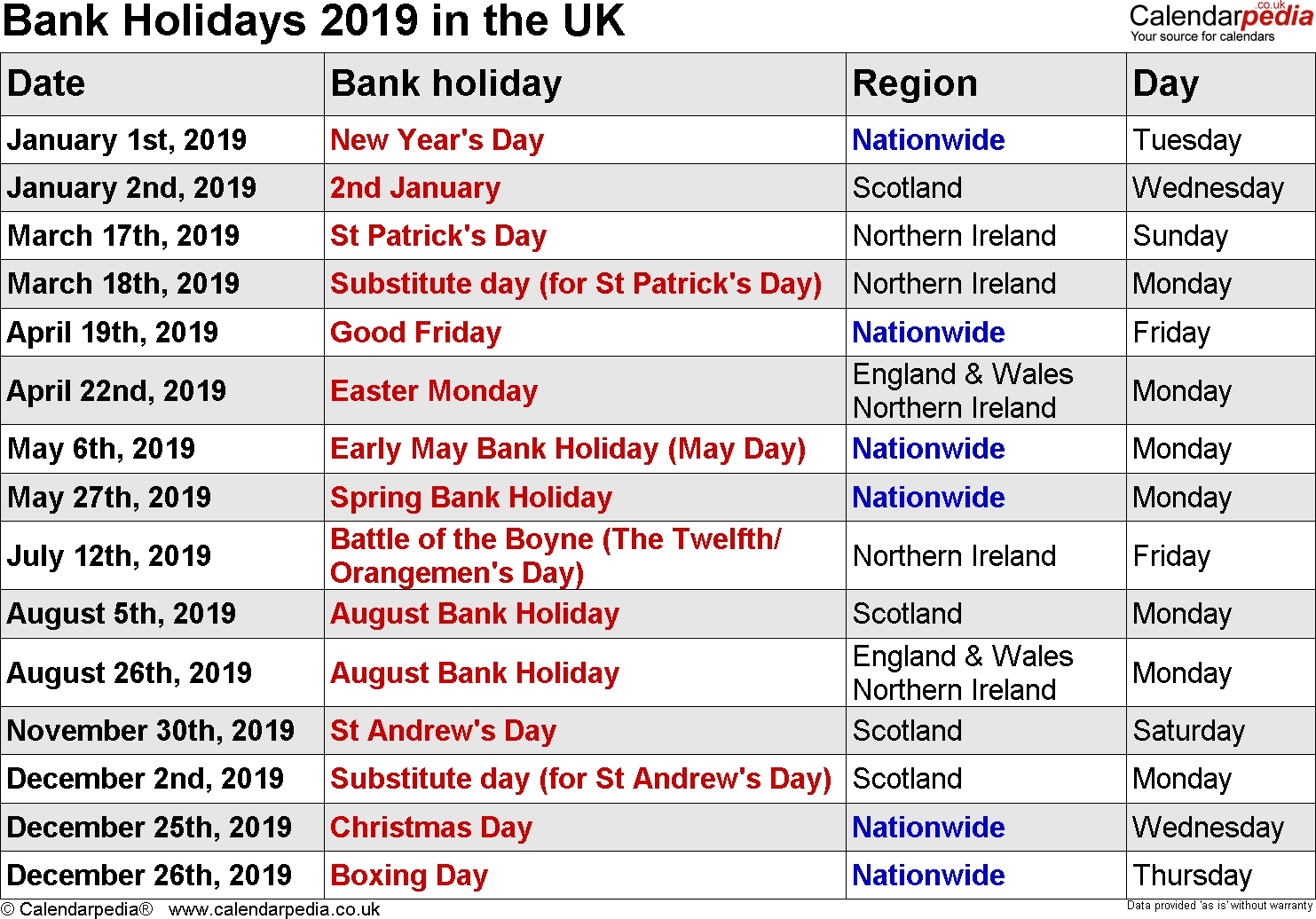 Bank Holidays 2019 In The Uk Calendar Holidays In Uk